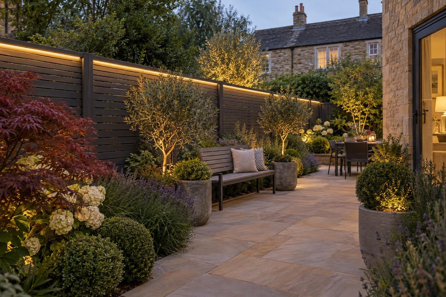 Anthracite aluminium slatted fence with LED strip lighting along a sandstone patio at dusk Anthracite aluminium slatted fence with LED strip lighting along a sandstone patio at dusk
