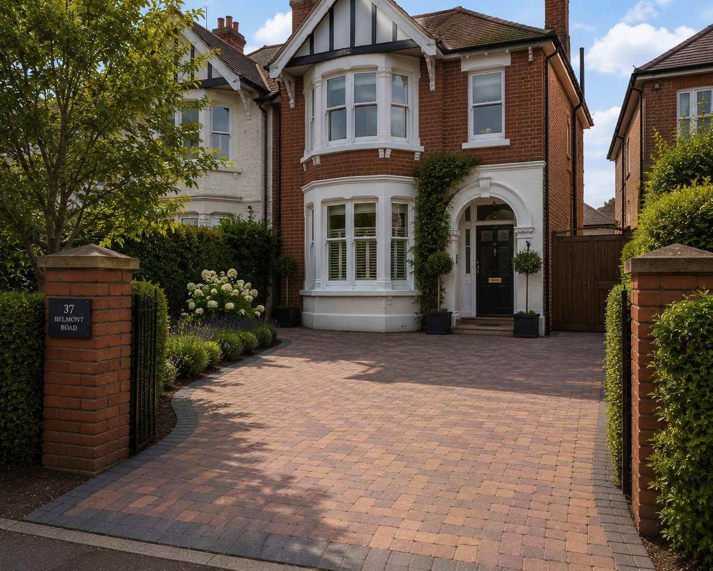 Tumbled block paving driveway at a red brick Edwardian villa with bay windows