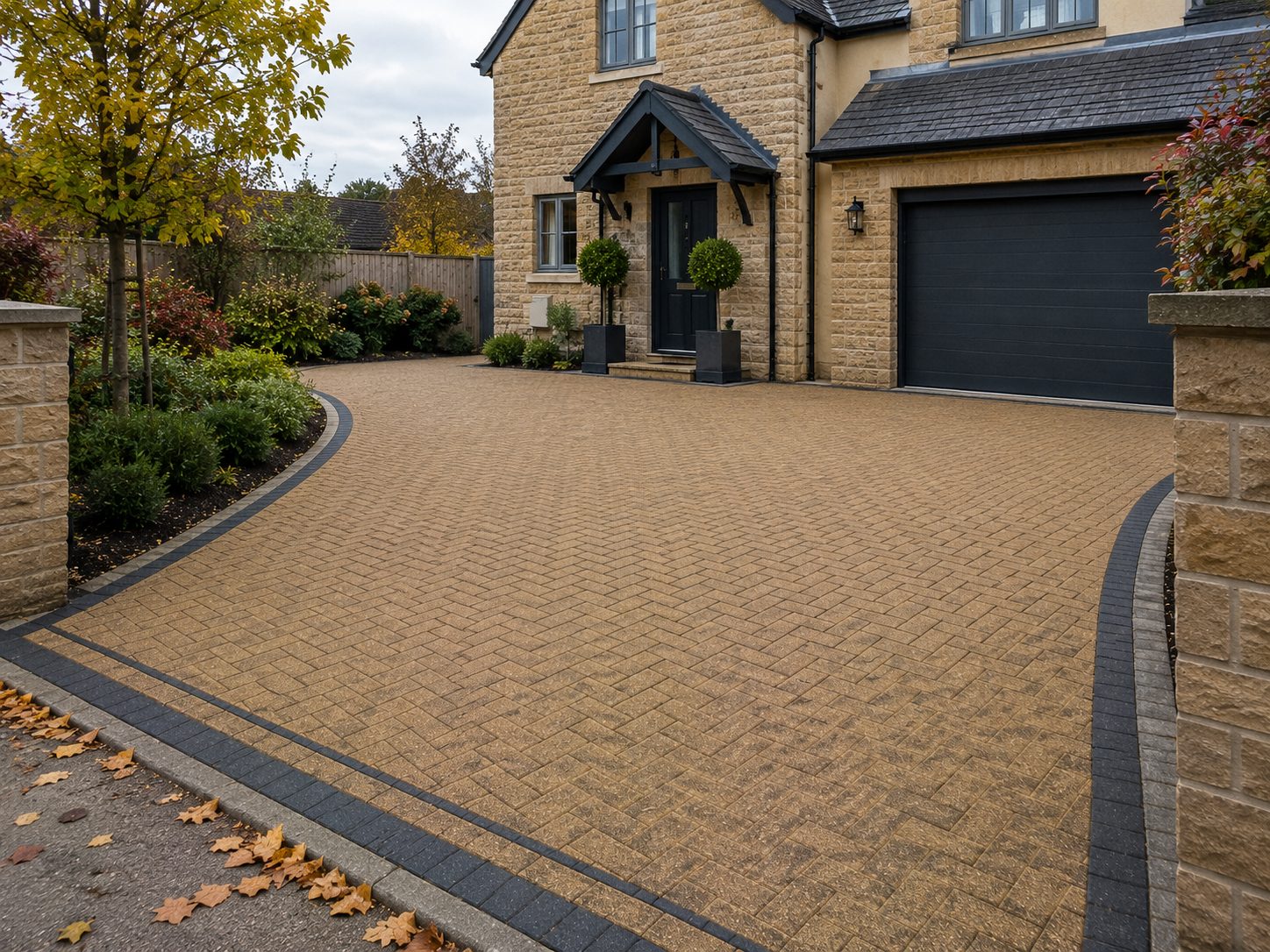 Autumn-toned block paving driveway with curved border at a stone home in Rutland