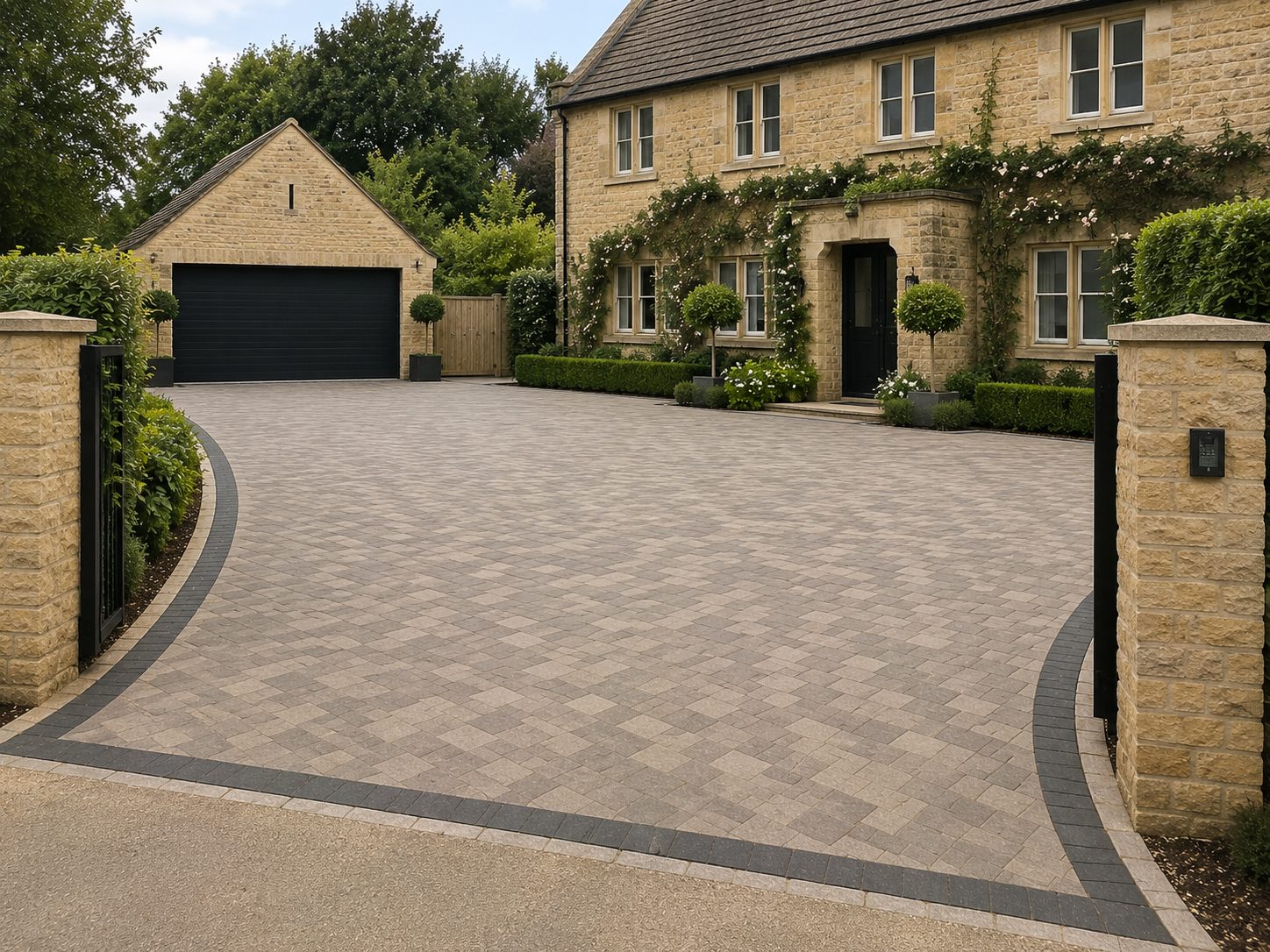 Block paving driveway in buff tumbled blocks at a stone home with double garage