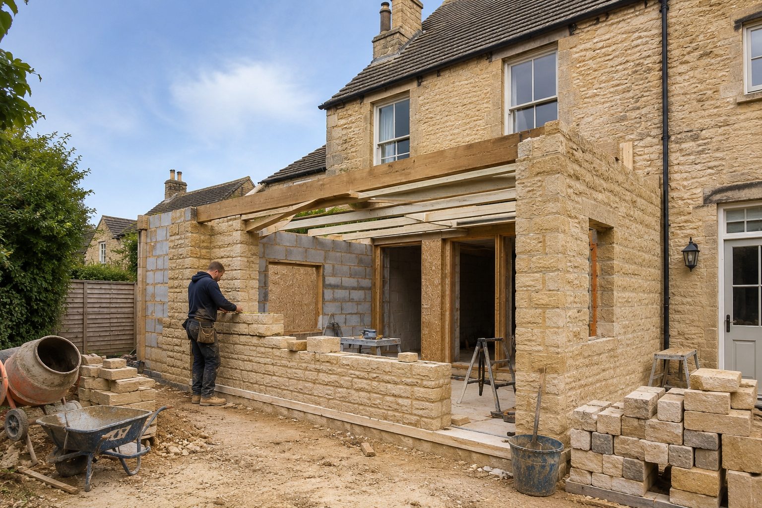 Builder working on a stone property extension in Stamford