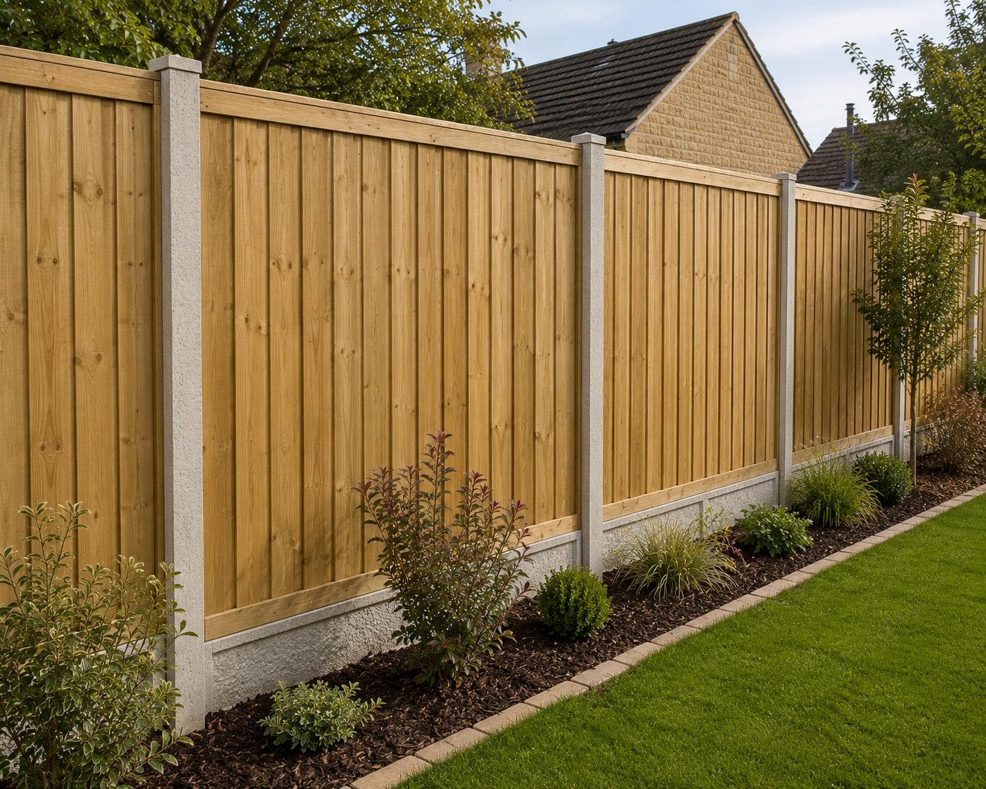 New closeboard fencing on concrete posts with gravel boards beside a planted border