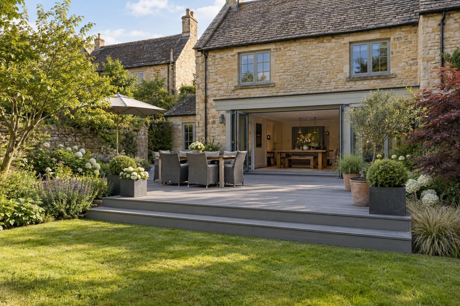Grey composite deck with picture-frame edging and LED step lights in a back garden