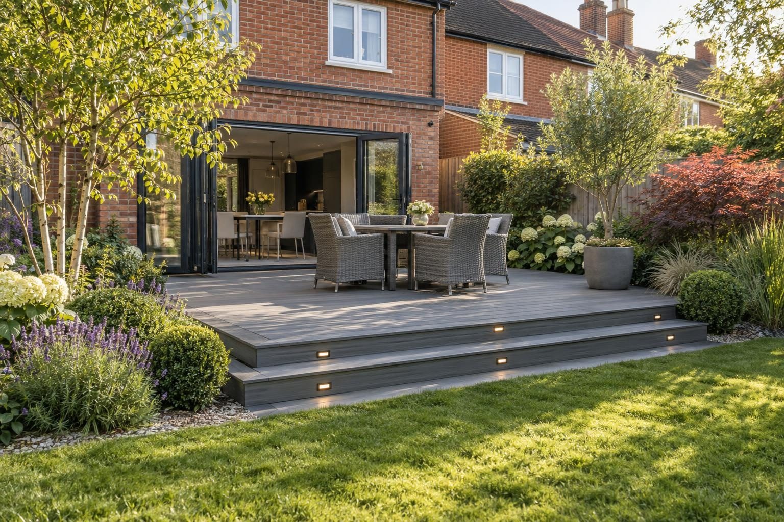 Grey composite deck with LED step lights and steps down to a lawn behind a red-brick house Grey composite deck with LED step lights and steps down to a lawn behind a red-brick house