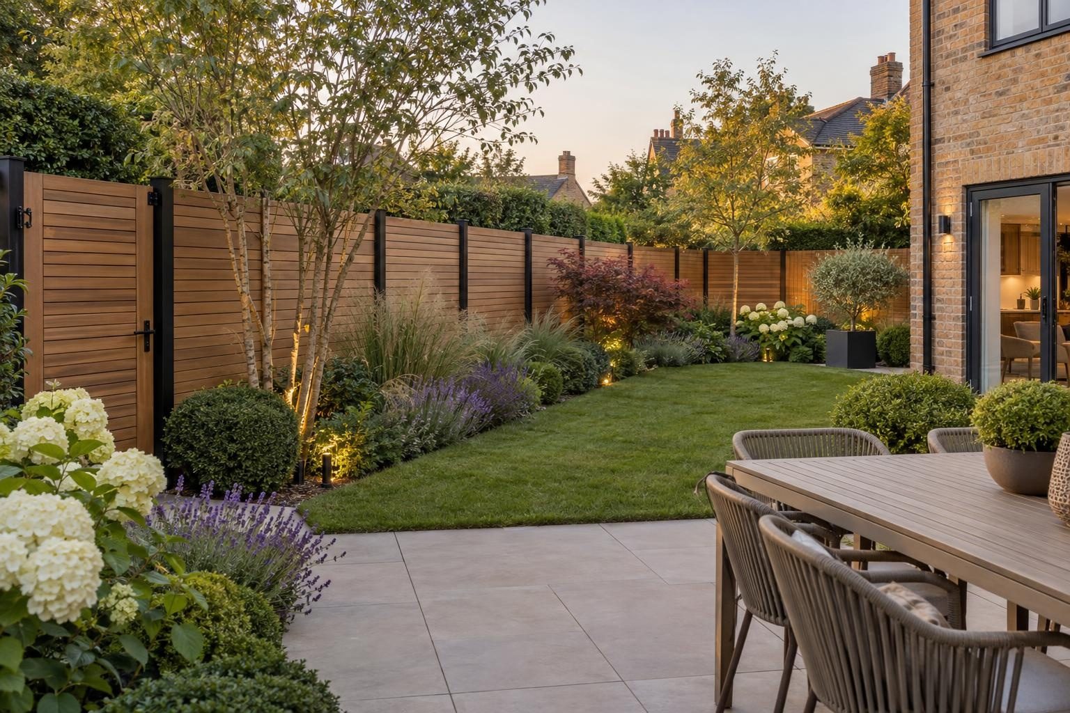Teak-colour composite slatted fencing on black aluminium posts around a lawn and patio Teak-colour composite slatted fencing on black aluminium posts around a lawn and patio