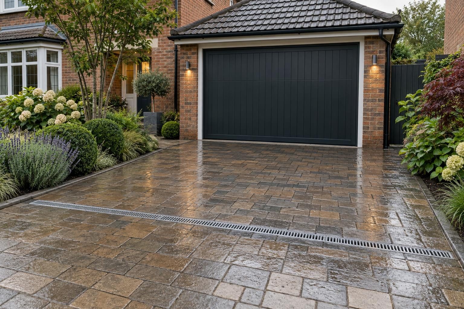 Slot channel drain set across a block paved driveway in front of a garage Slot channel drain set across a block paved driveway in front of a garage