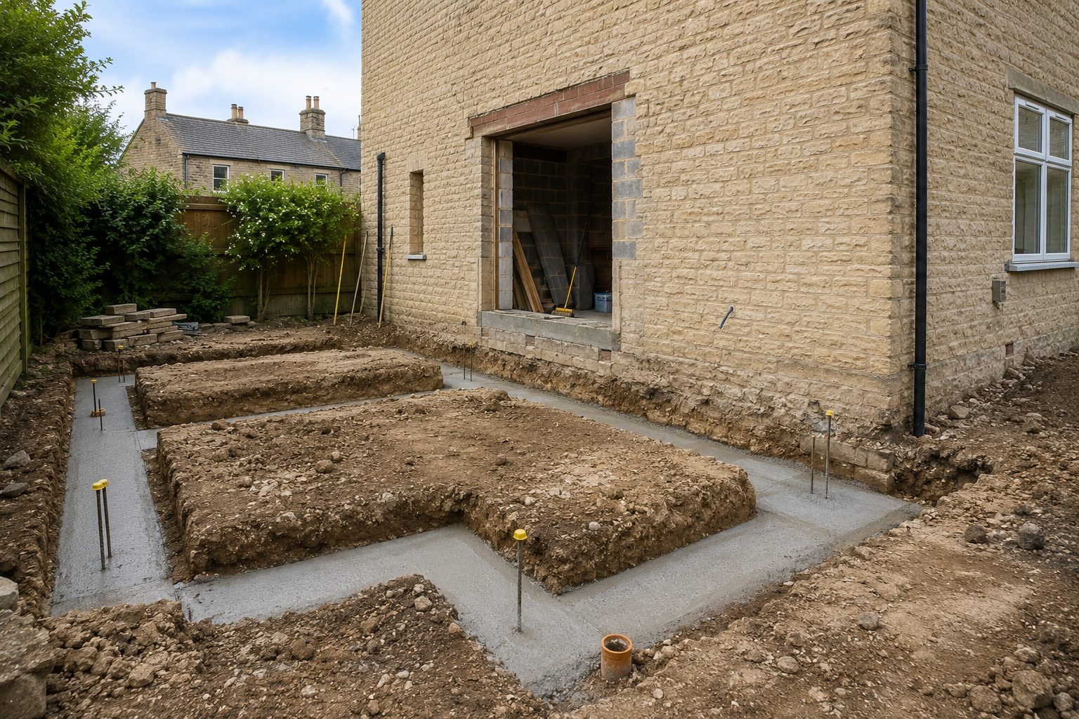 Concrete foundations dug for a house extension