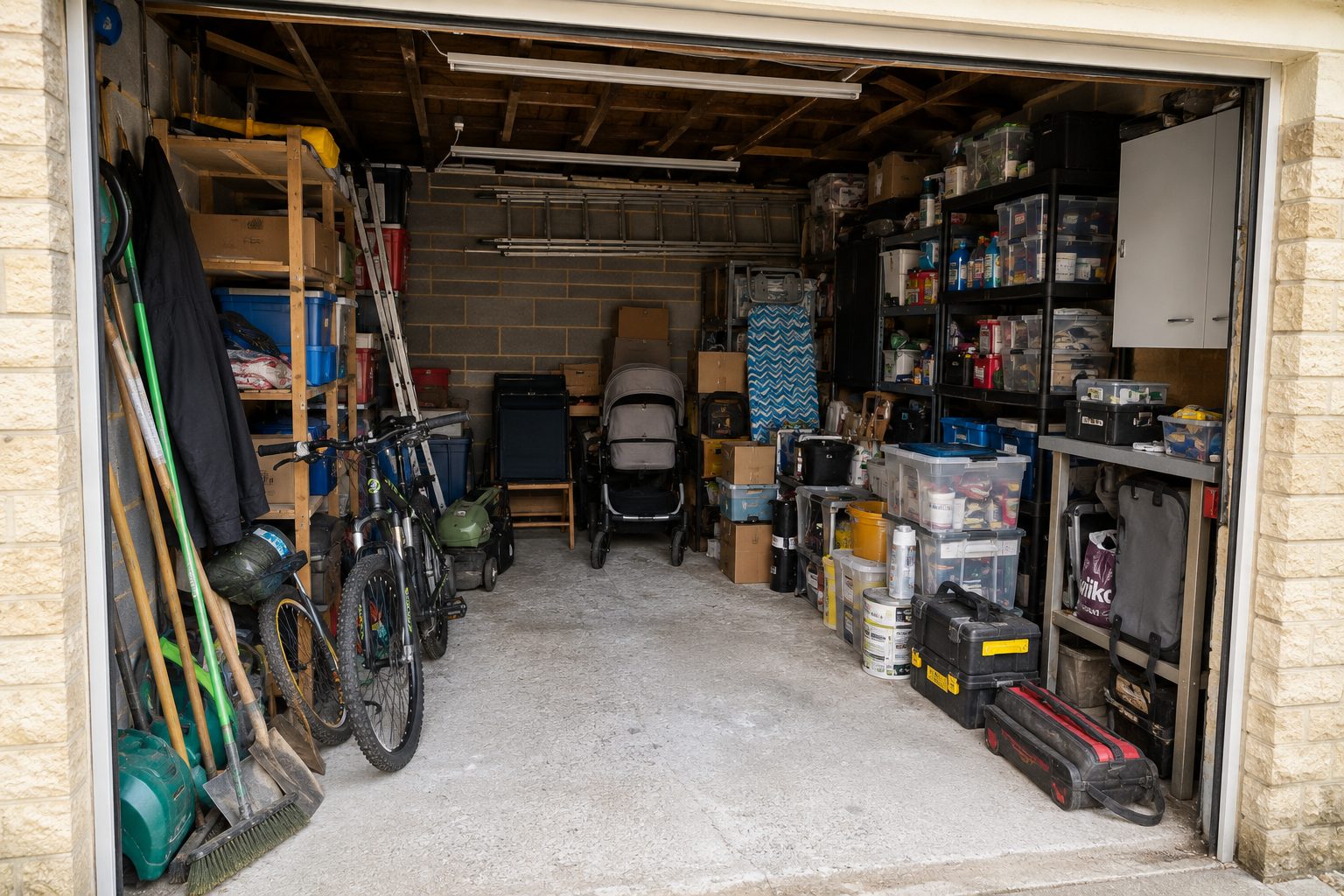 Cluttered garage before conversion in Oakham