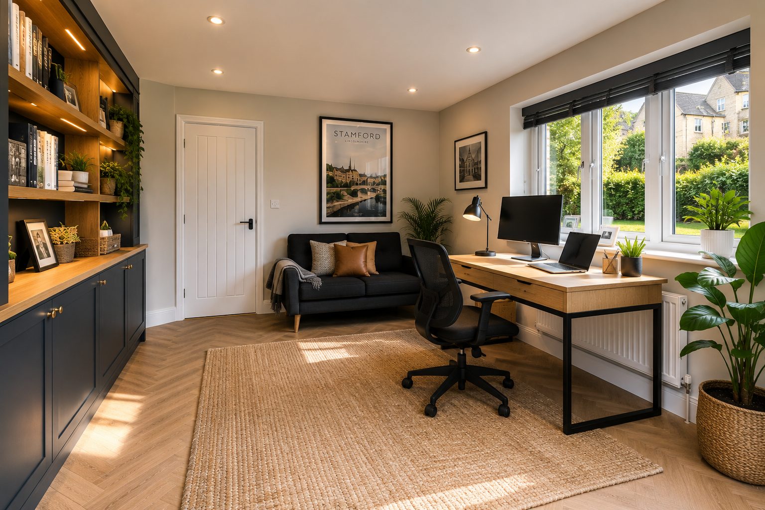 Finished garage conversion used as a home office in Stamford