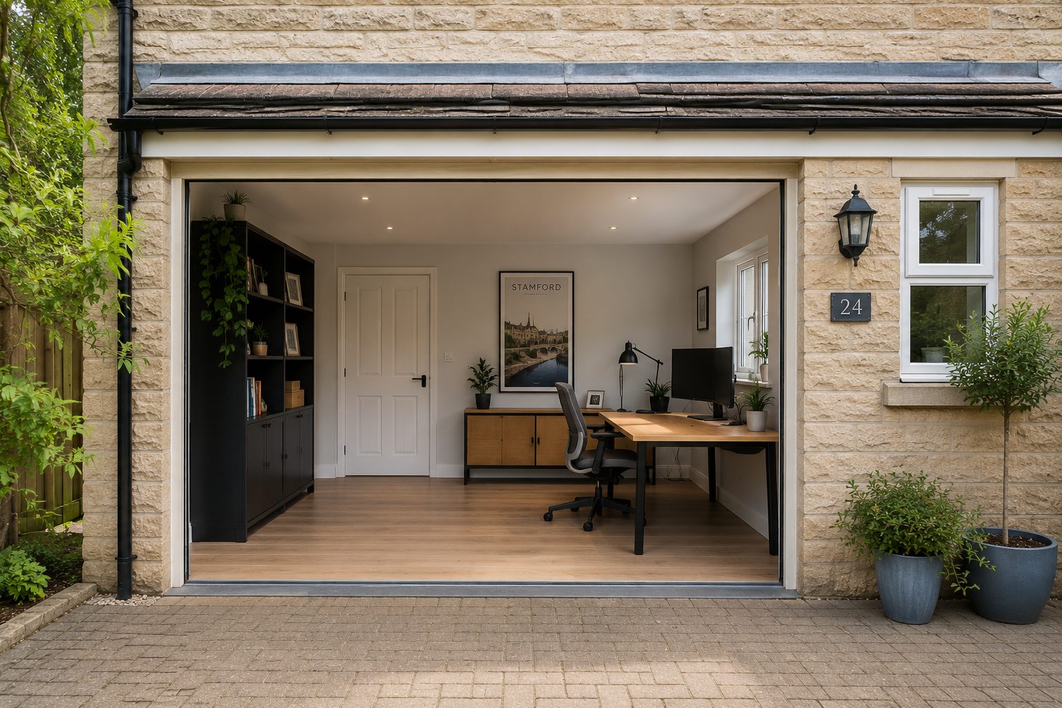Integral garage converted into a bright home office in a Stamford house