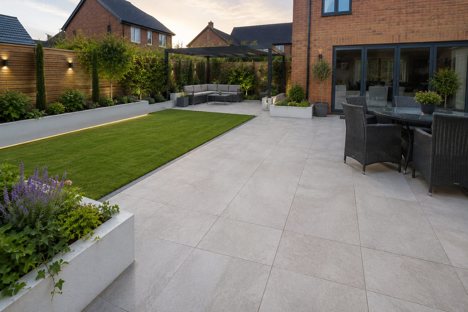 Landscaped garden with pale porcelain patio, lawn and rendered planters in Rutland