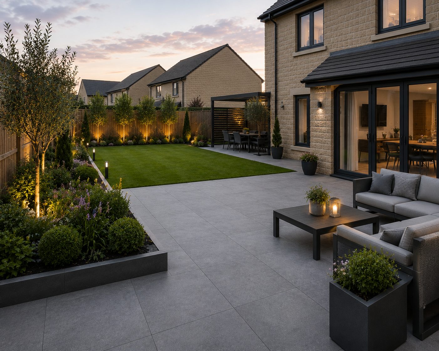 Garden transformation with grey porcelain patio, lawn and lit beds at dusk in Rutland