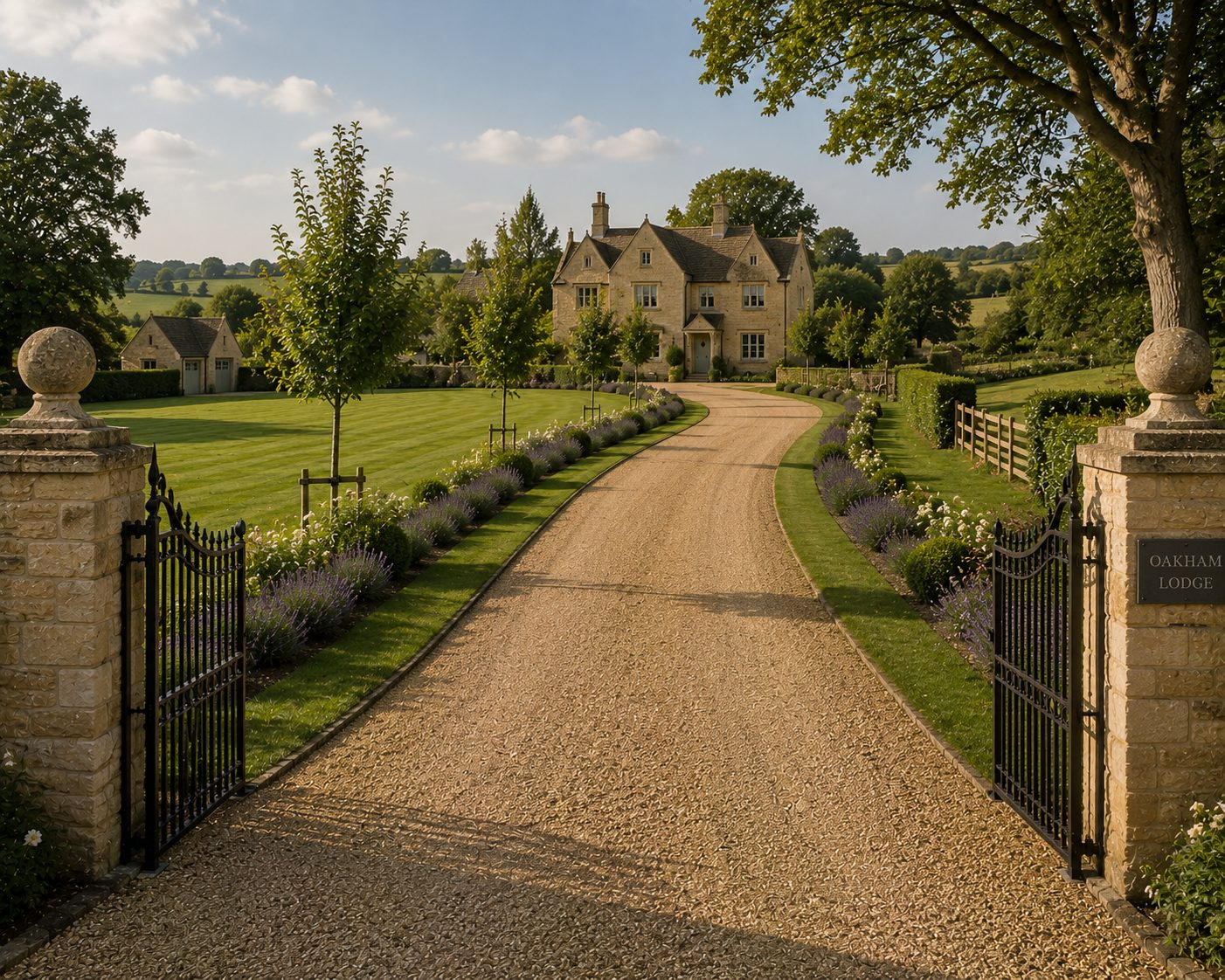 Long bound gravel driveway with stone piers leading to a country house in Rutland