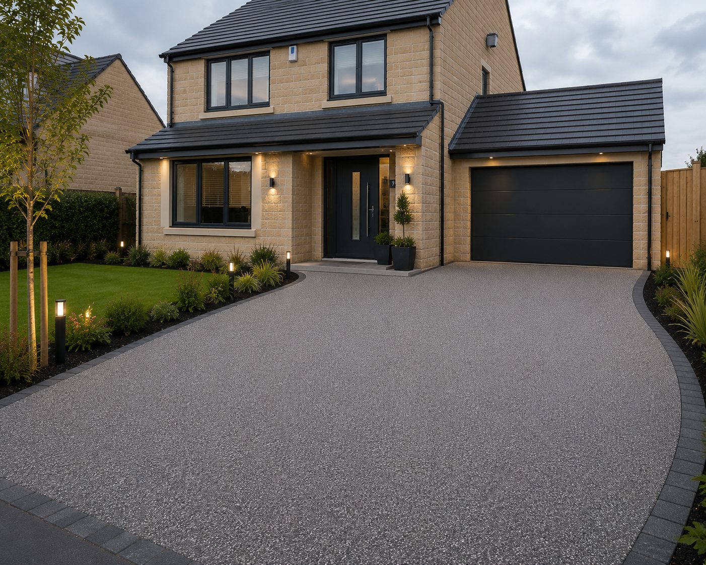 Light grey resin bound driveway with charcoal border at a new build stone home