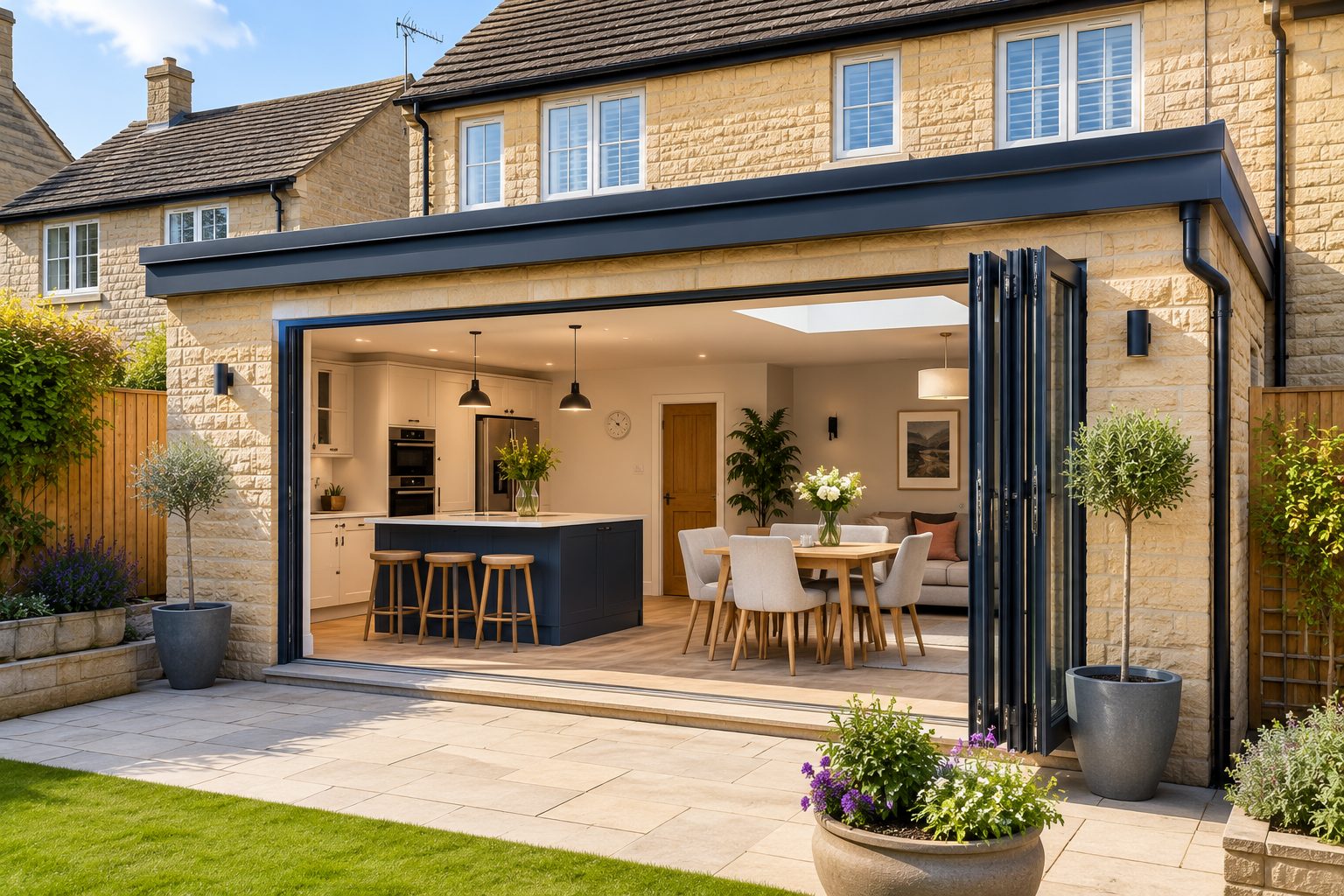Single storey rear extension with bi-fold doors on an Oakham home
