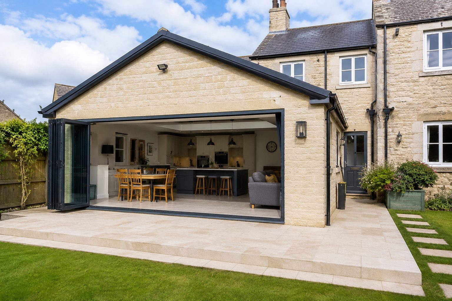 Single storey stone house extension with bi-fold doors at a Stamford property