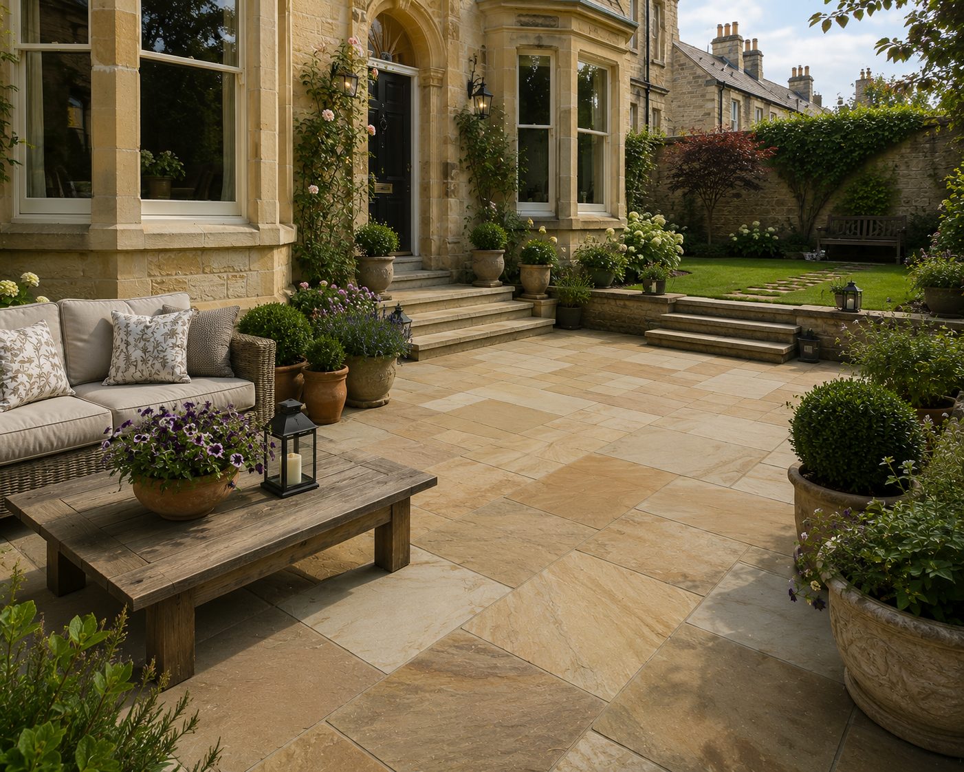Indian sandstone patio with steps and lawn at a period stone house in Rutland