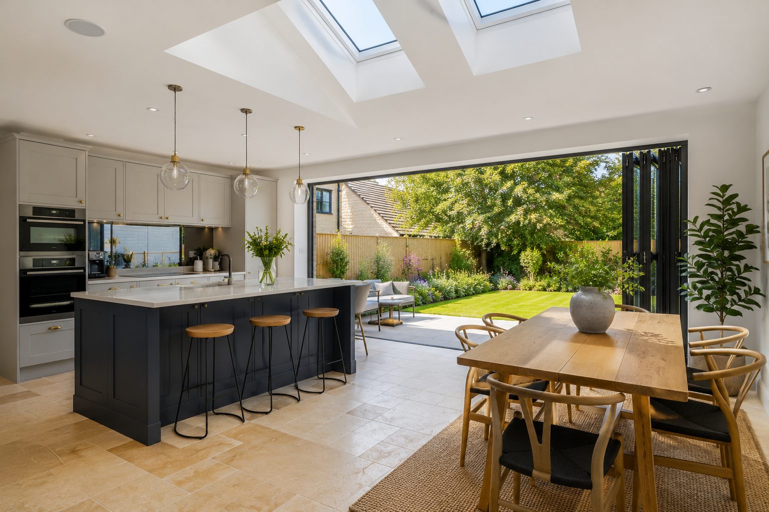 Open plan kitchen-diner extension with rooflights in Oakham
