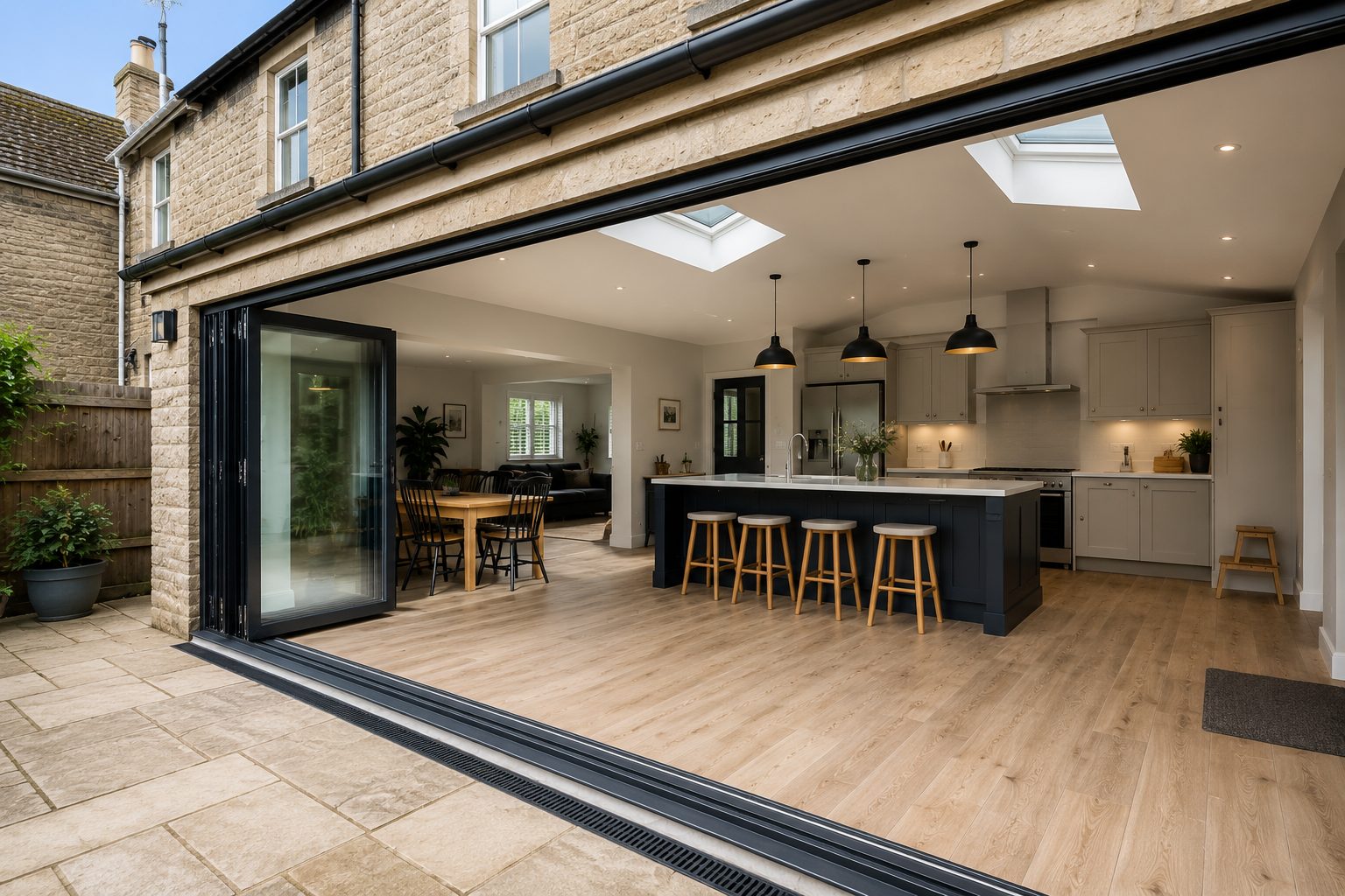 Open plan kitchen extension with rooflights at a Stamford home