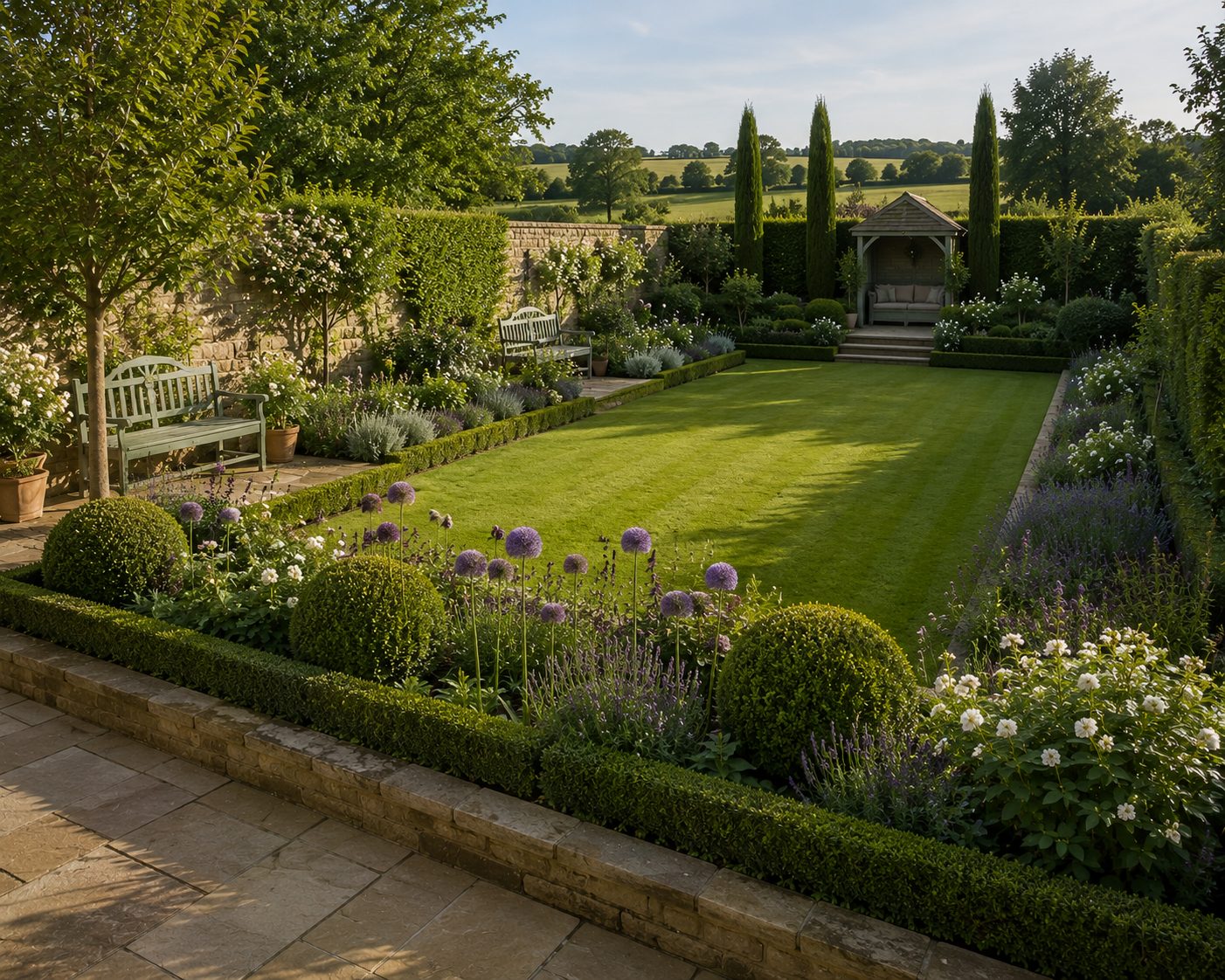 Landscaped garden with striped lawn, clipped hedging and stocked borders in Rutland