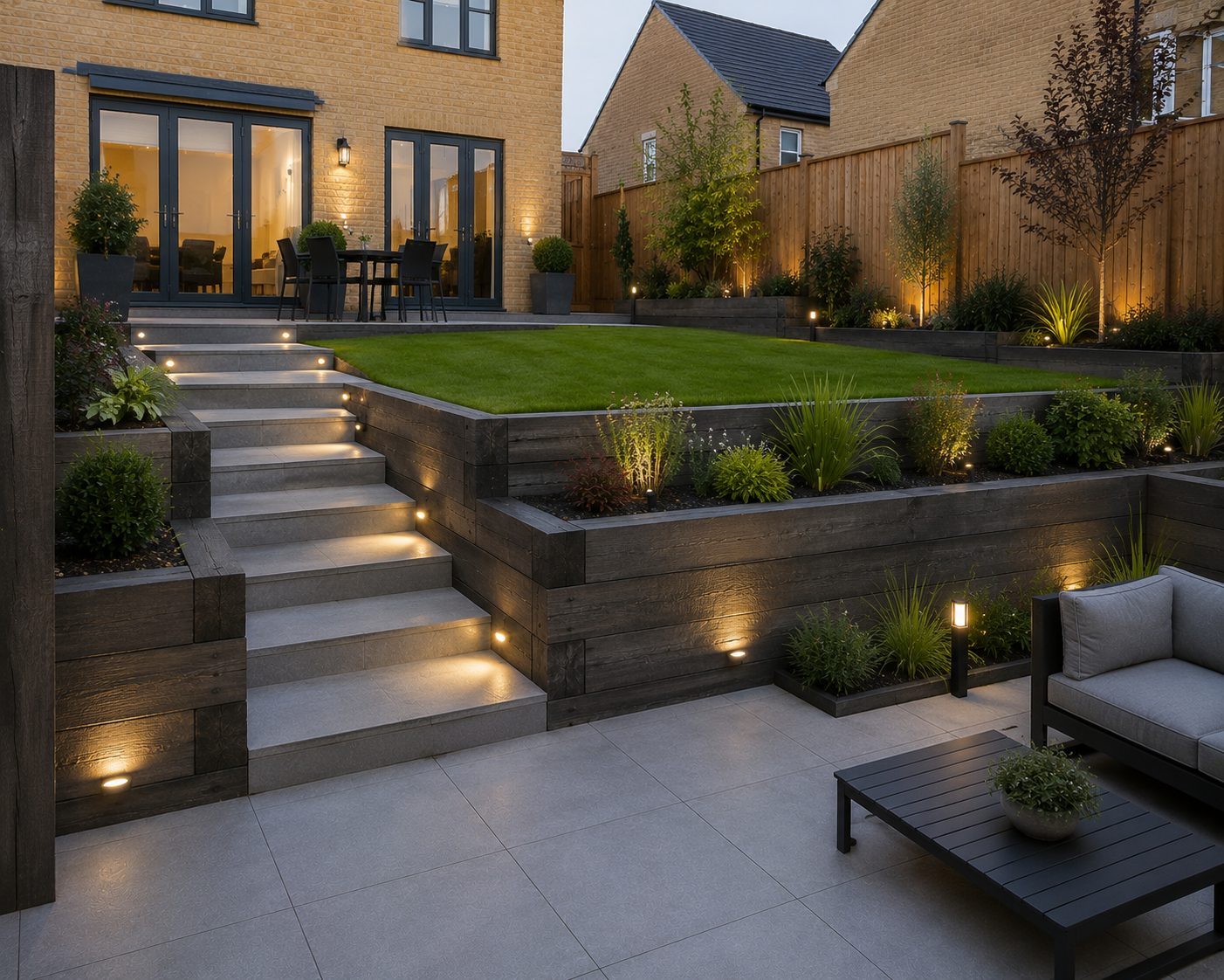 Terraced garden with porcelain patio, sleeper-edged lawn and lit steps in Rutland