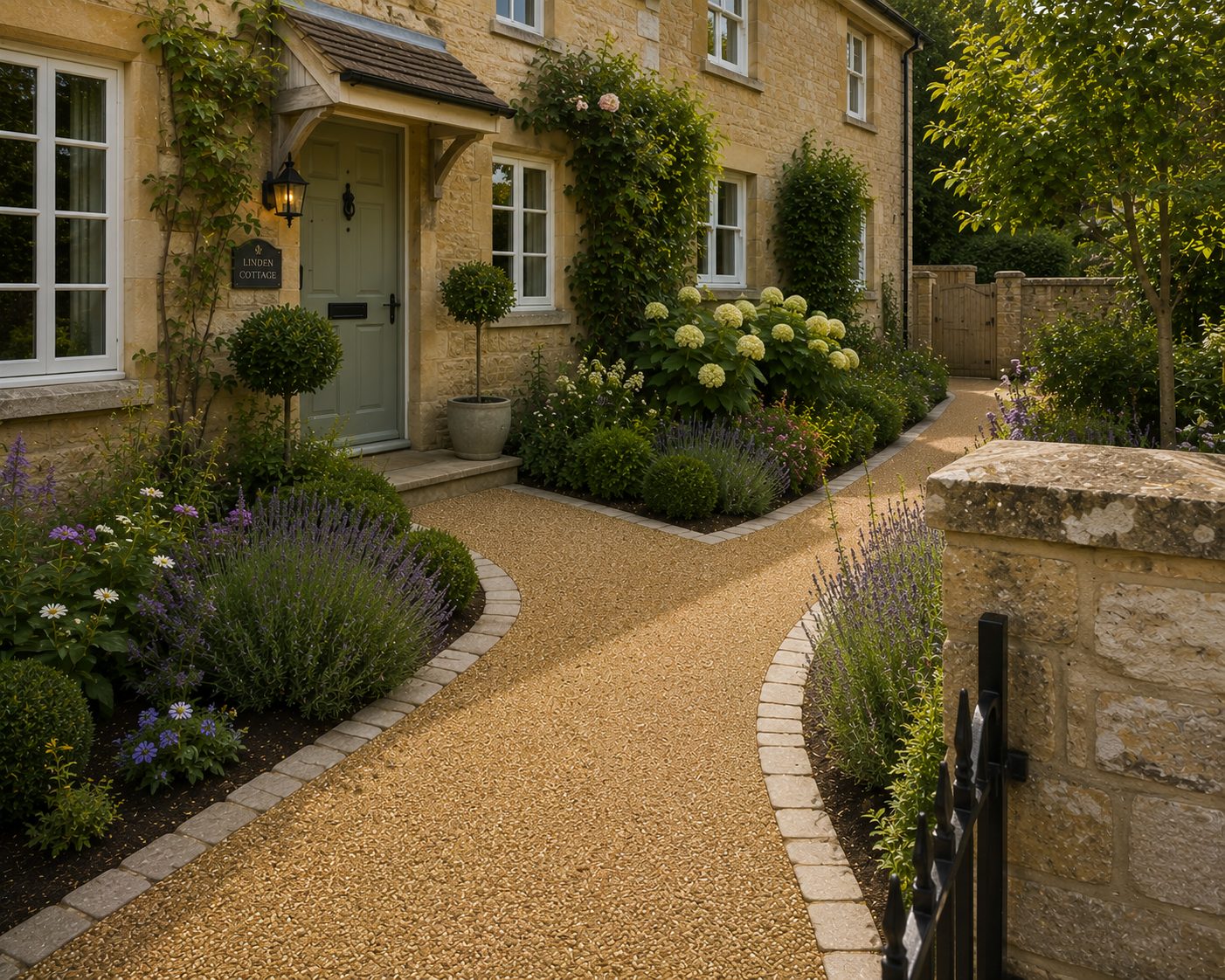 Bound gravel driveway with block edge beside a stone cottage with climbing planting