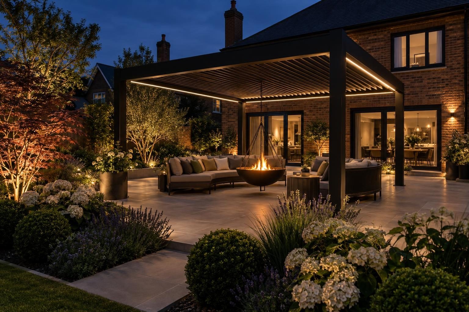 Louvred pergola lit at night with LED strips over sofas and a fire bowl on a porcelain patio Louvred pergola lit at night with LED strips over sofas and a fire bowl on a porcelain patio