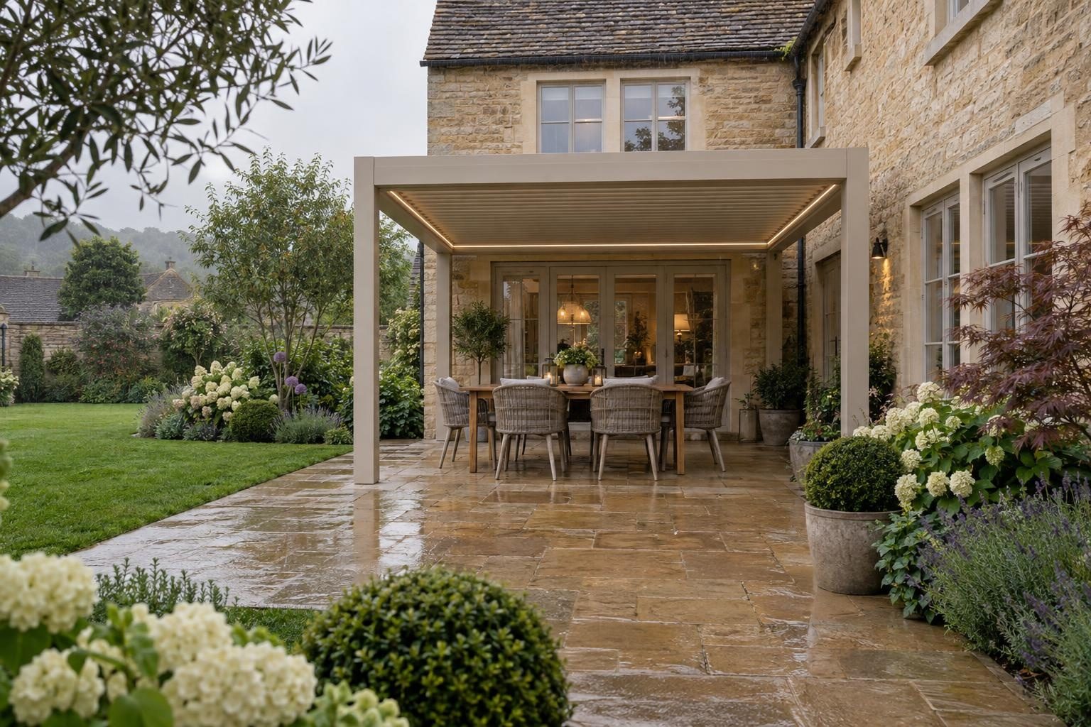 Latte louvred pergola over a dining set on a wet Indian sandstone patio at a limestone house Latte louvred pergola over a dining set on a wet Indian sandstone patio at a limestone house