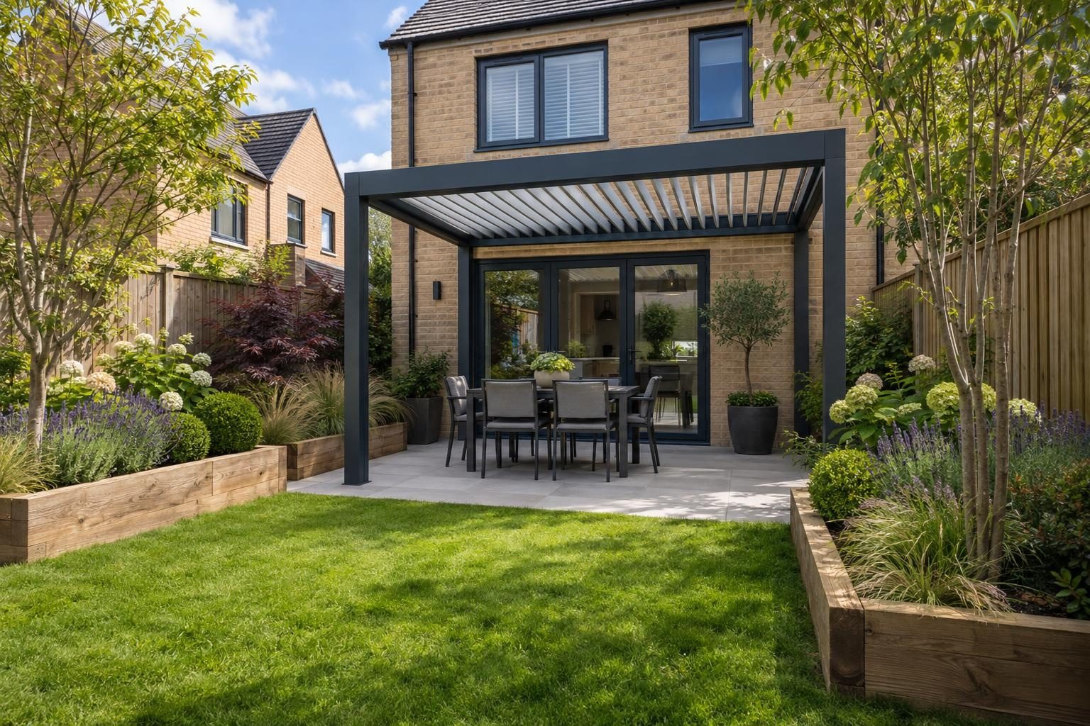 Compact louvred pergola on a porcelain patio in a new-build garden with sleeper raised beds Compact louvred pergola on a porcelain patio in a new-build garden with sleeper raised beds