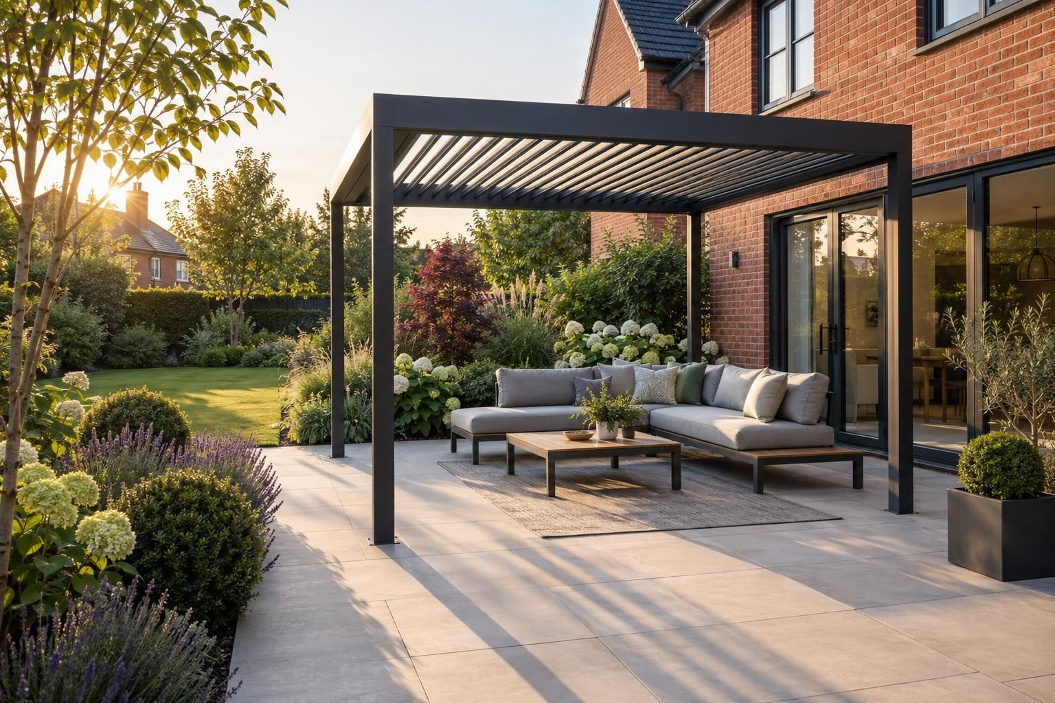 Black aluminium louvred pergola over an outdoor sofa on a grey porcelain patio behind a red-brick house Black aluminium louvred pergola over an outdoor sofa on a grey porcelain patio behind a red-brick house