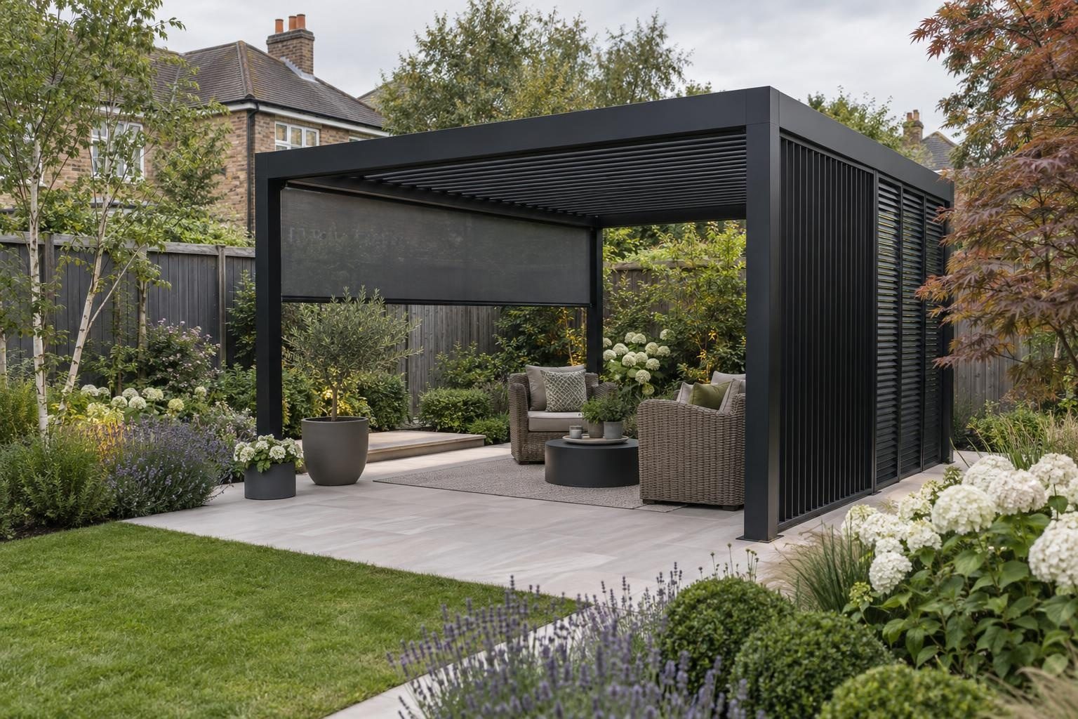 Louvred pergola with privacy louvre panels on one side and a drop-down blind on another Louvred pergola with privacy louvre panels on one side and a drop-down blind on another