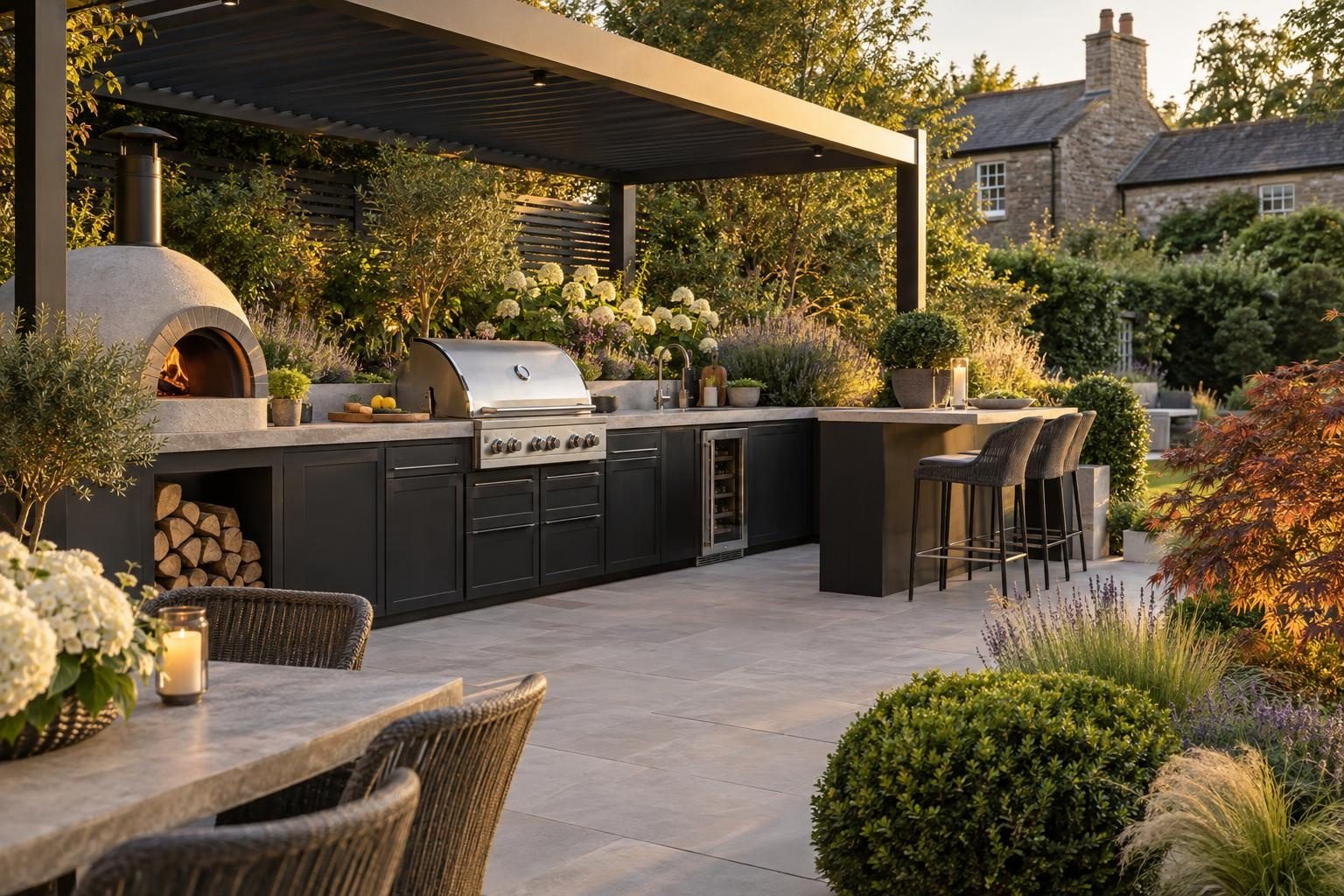 Built-in outdoor kitchen with grill Built-in outdoor kitchen with grill, pizza oven and bar stools under a pergola