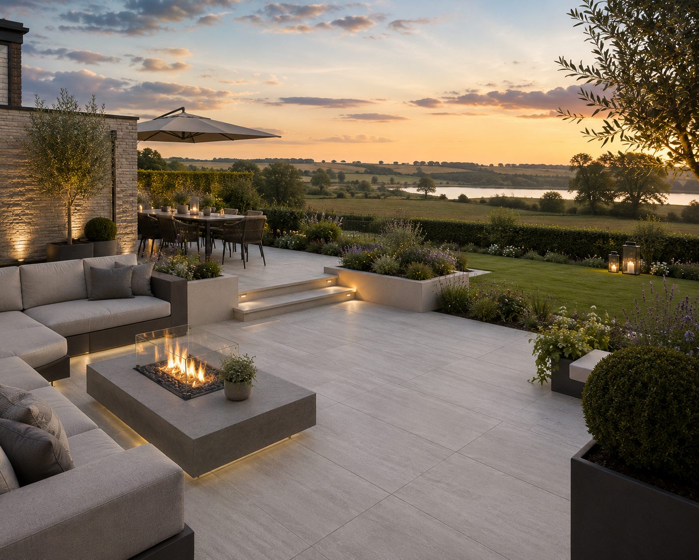 Premium outdoor living space with fire feature and porcelain terrace overlooking countryside