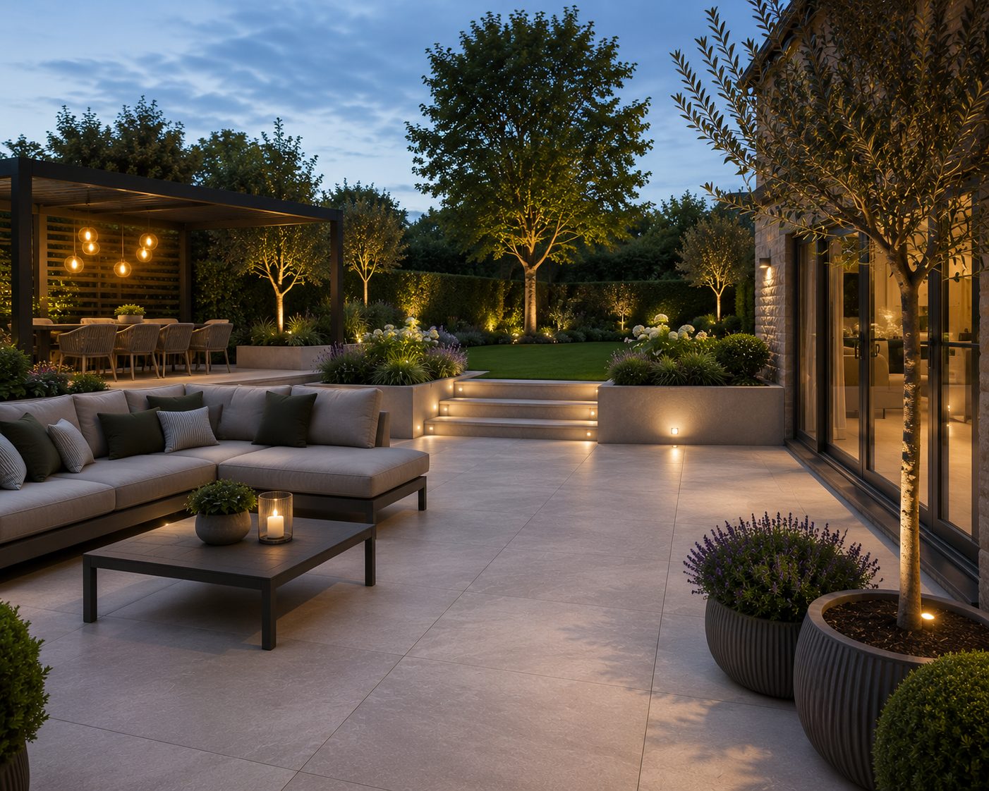 Premium outdoor living space with porcelain terrace, pergola and lighting in Rutland