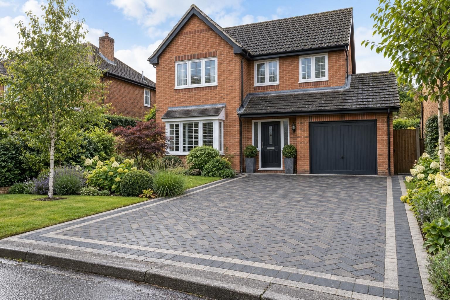 Charcoal permeable block paving driveway with a contrasting border at a brick house Charcoal permeable block paving driveway with a contrasting border at a brick house