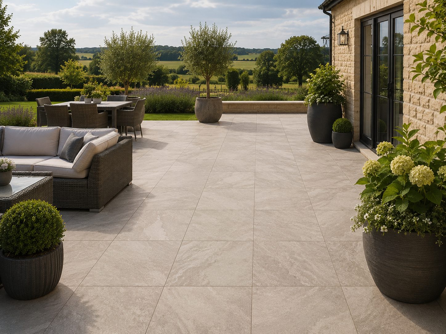 Pale porcelain patio with outdoor furniture and open countryside views in Rutland