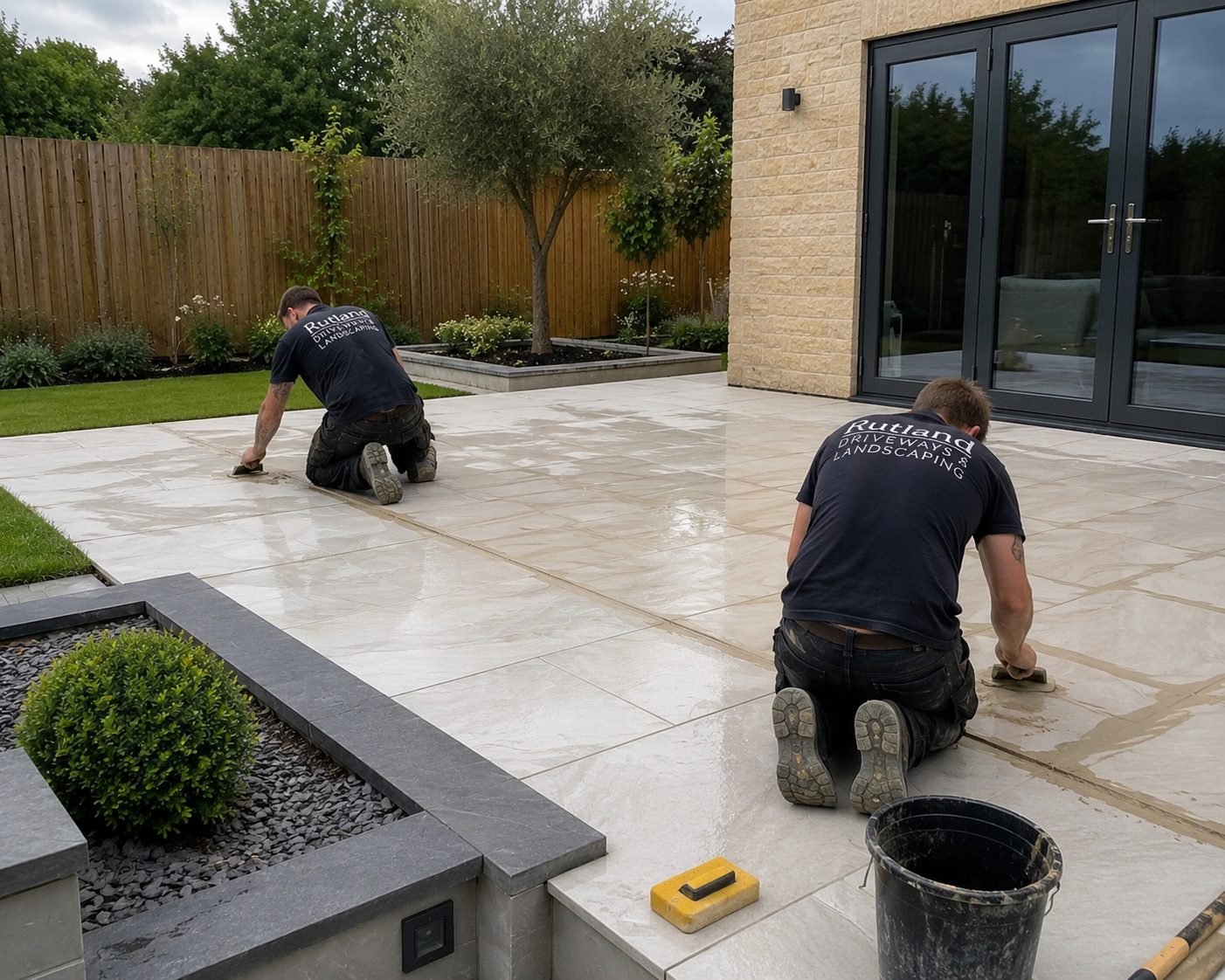 Grey porcelain patio with raised lawn and contemporary planters in a Rutland garden