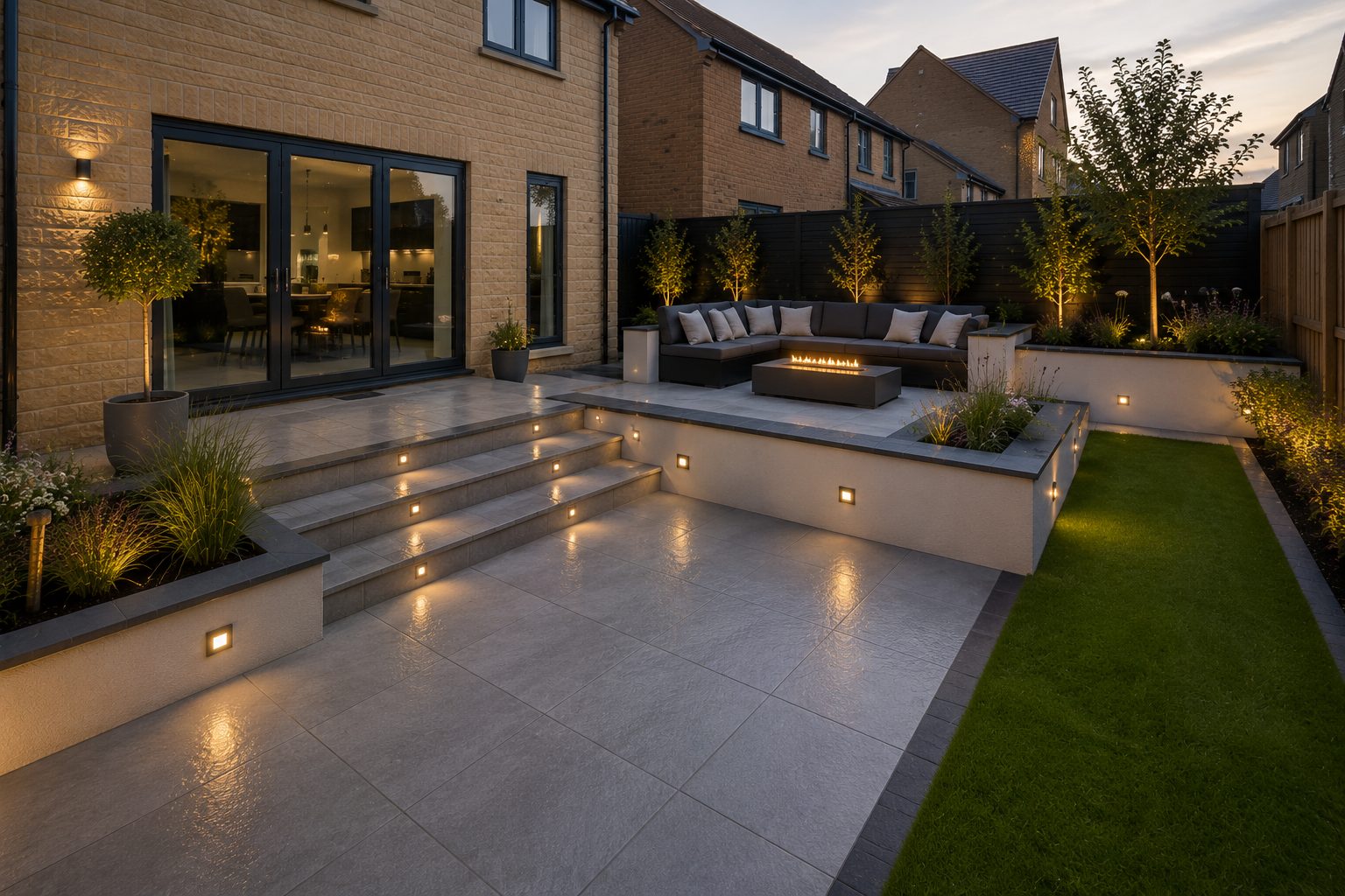 Premium outdoor living space with porcelain terrace, steps and lighting in Rutland