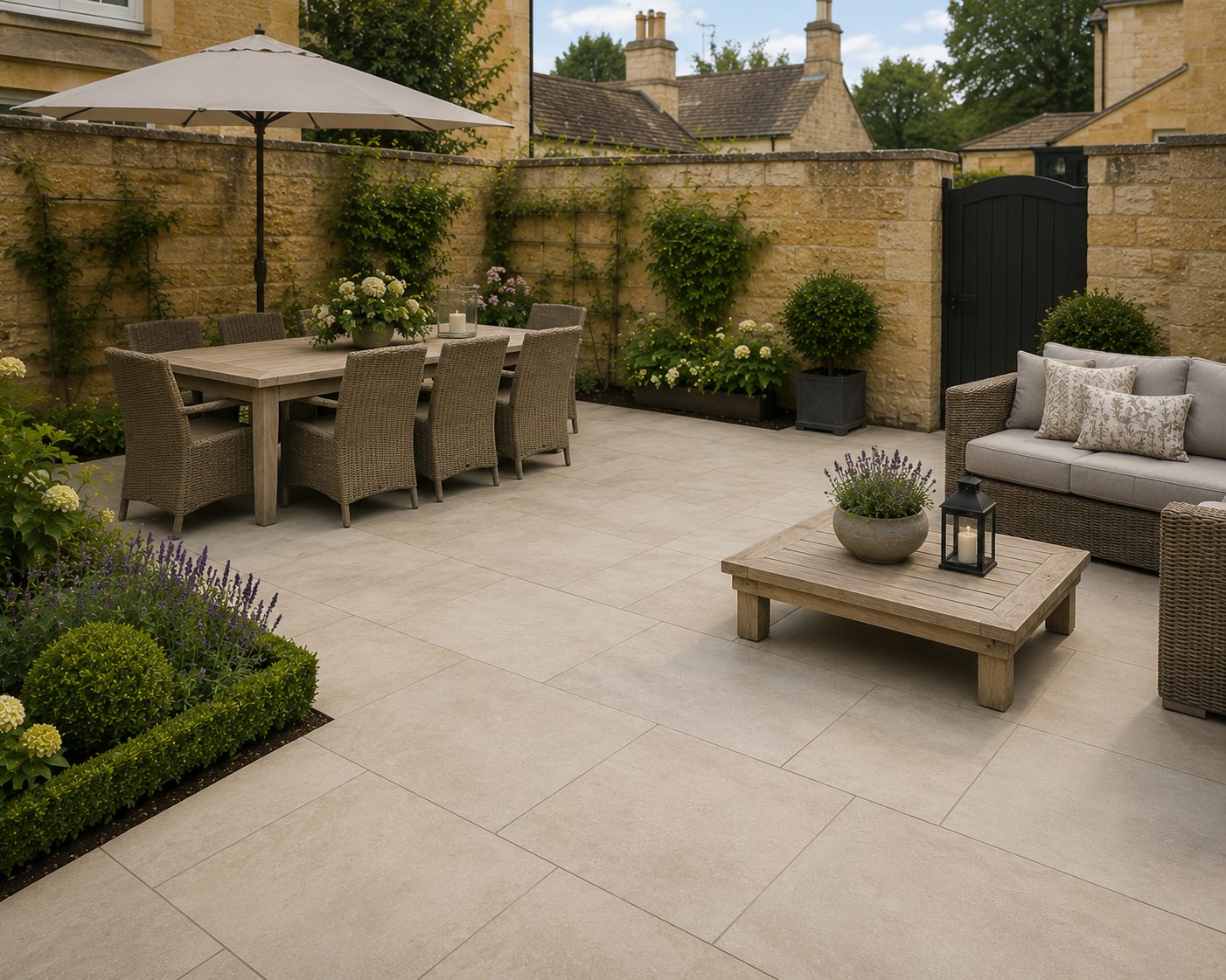 Pale porcelain patio with dining set in a walled stone garden in Rutland