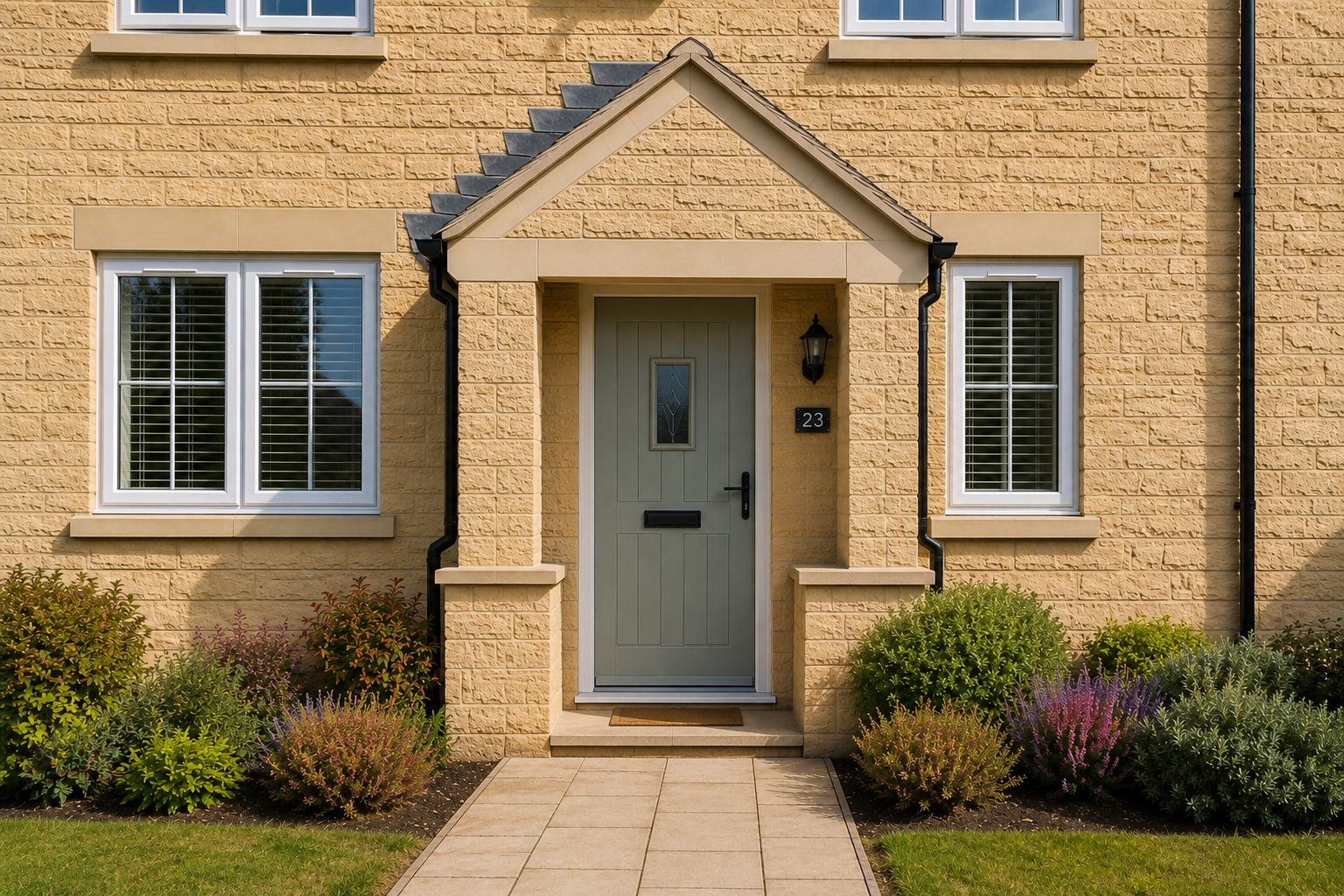 Matched porch sheltering the front door
