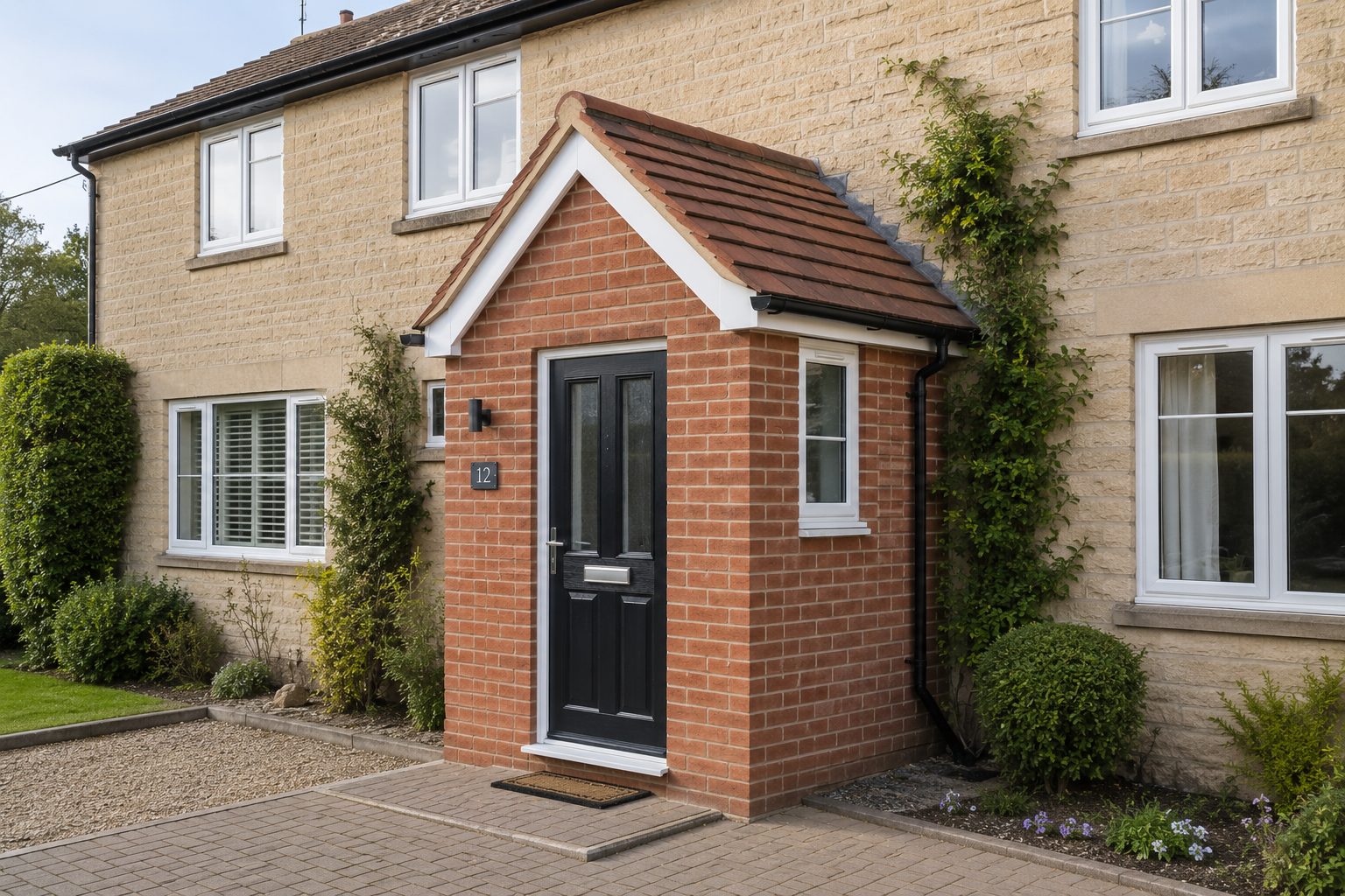 Brick porch with tiled pitched roof on a Stamford semi