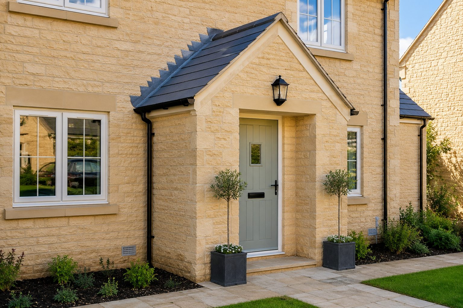 Brick porch with pitched roof on a Corby home