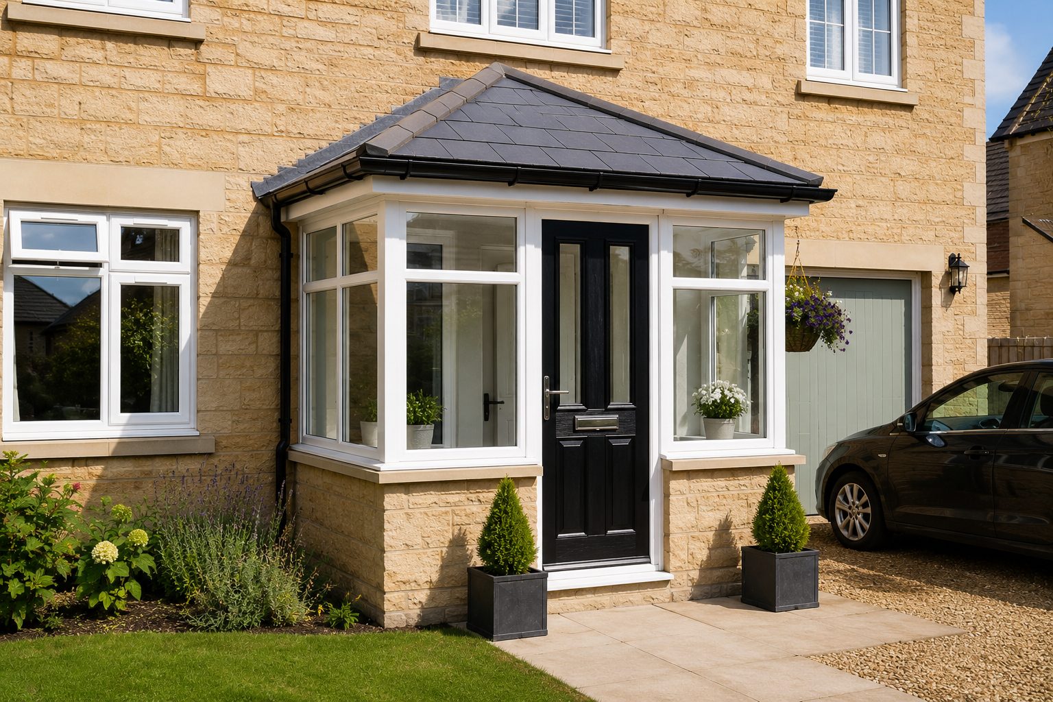 Glazed porch with low brick wall on an Oakham home