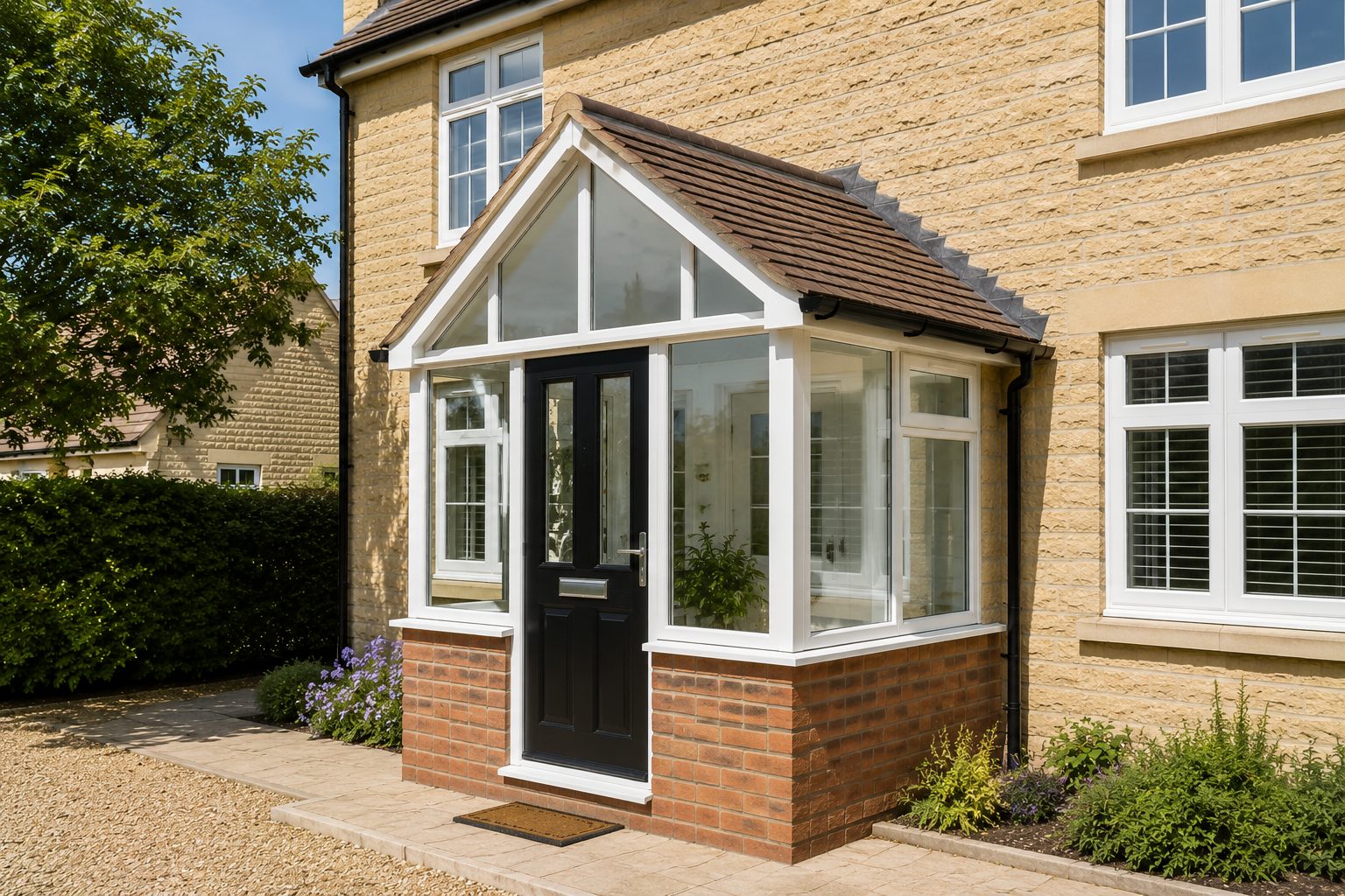 Glazed porch with brick base on a Stamford property