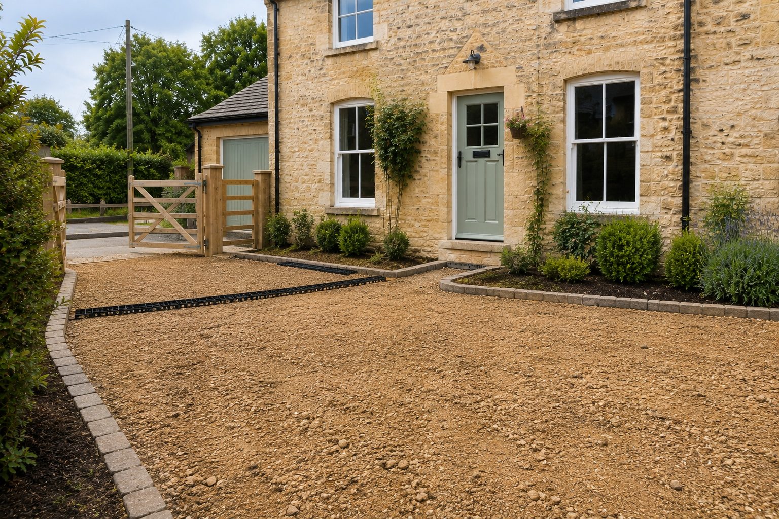 Open-grade permeable base being prepared for a resin driveway