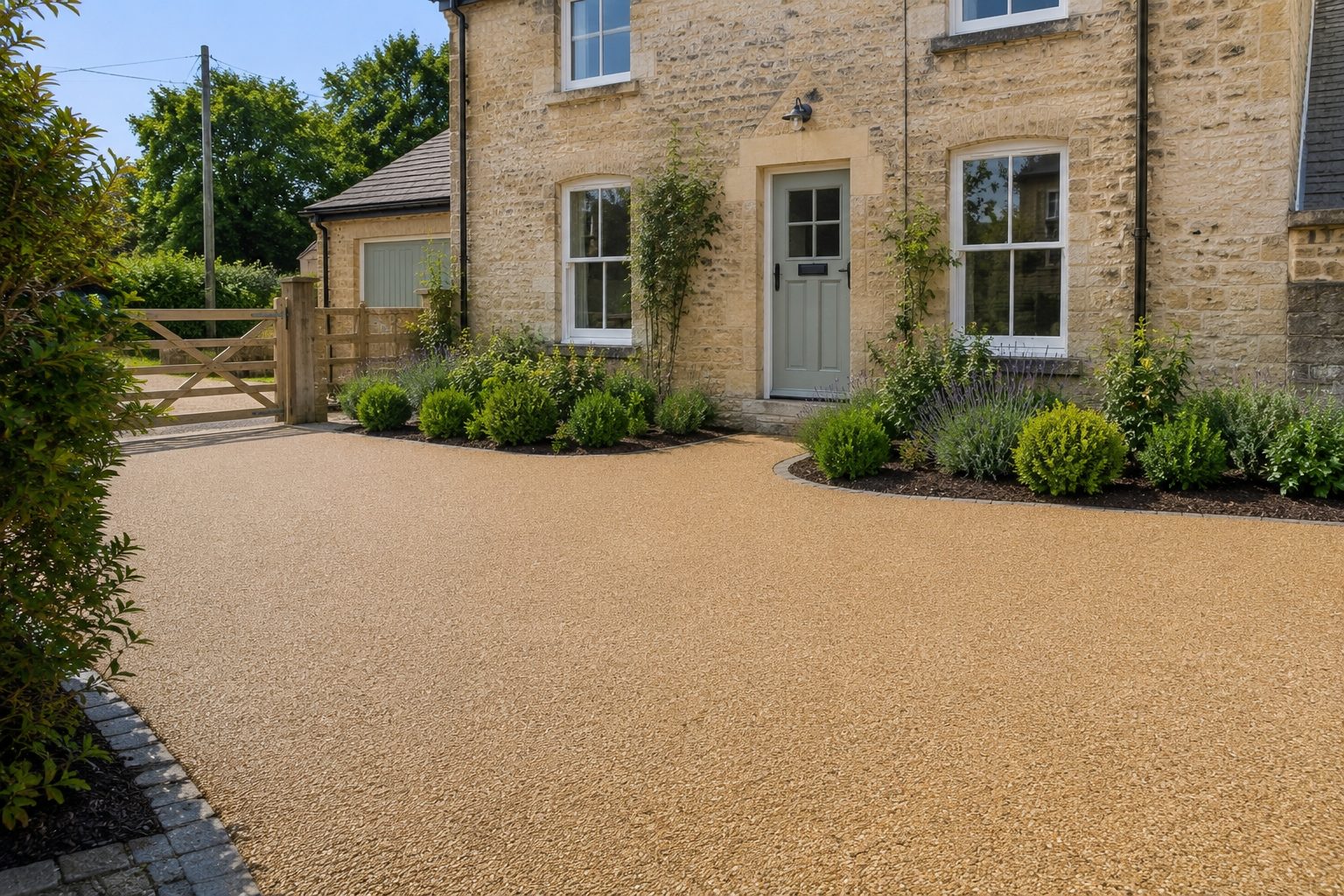 Golden resin bound driveway at a modern home in Corby
