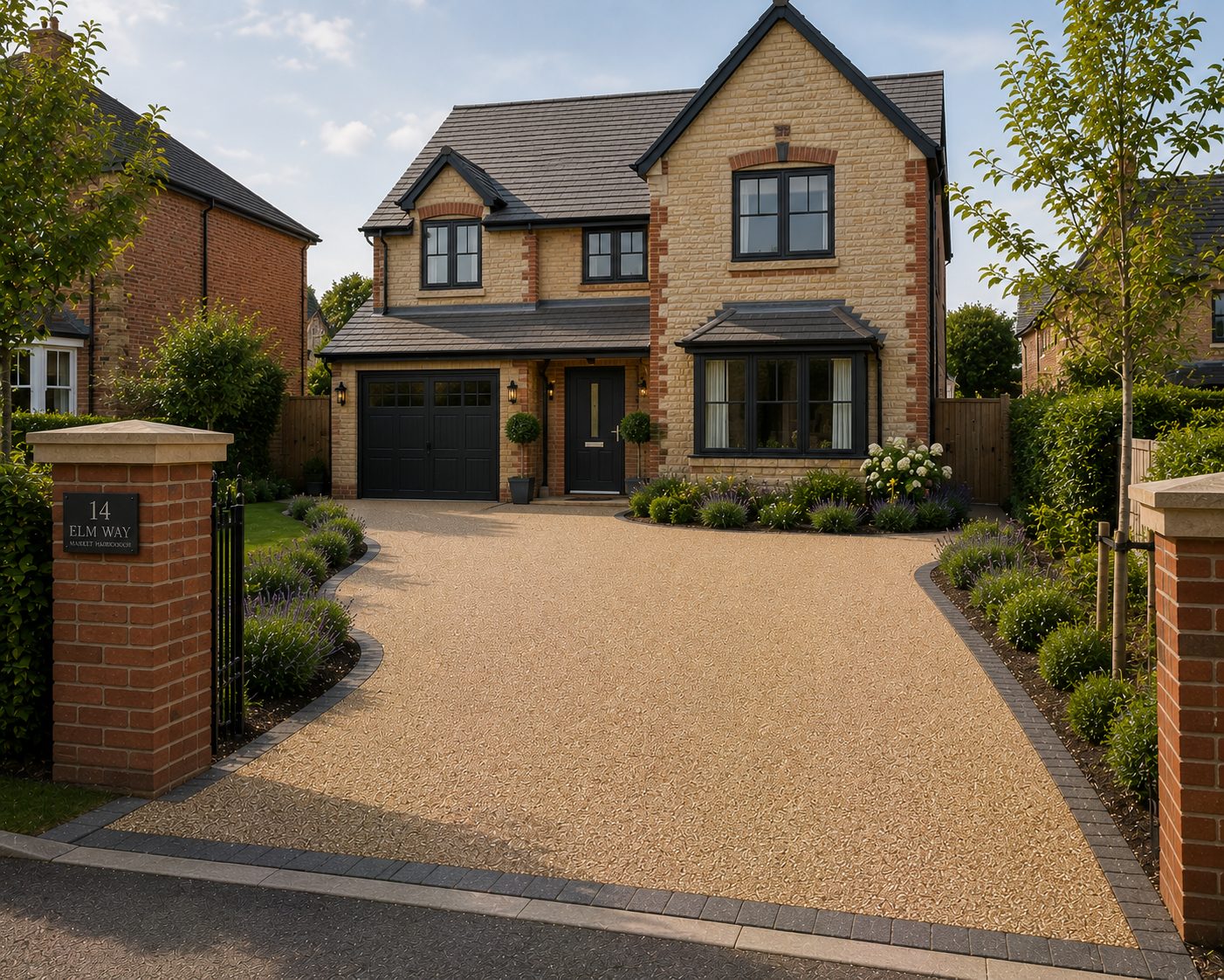Golden resin bound driveway with block border at a stone home in Market Harborough