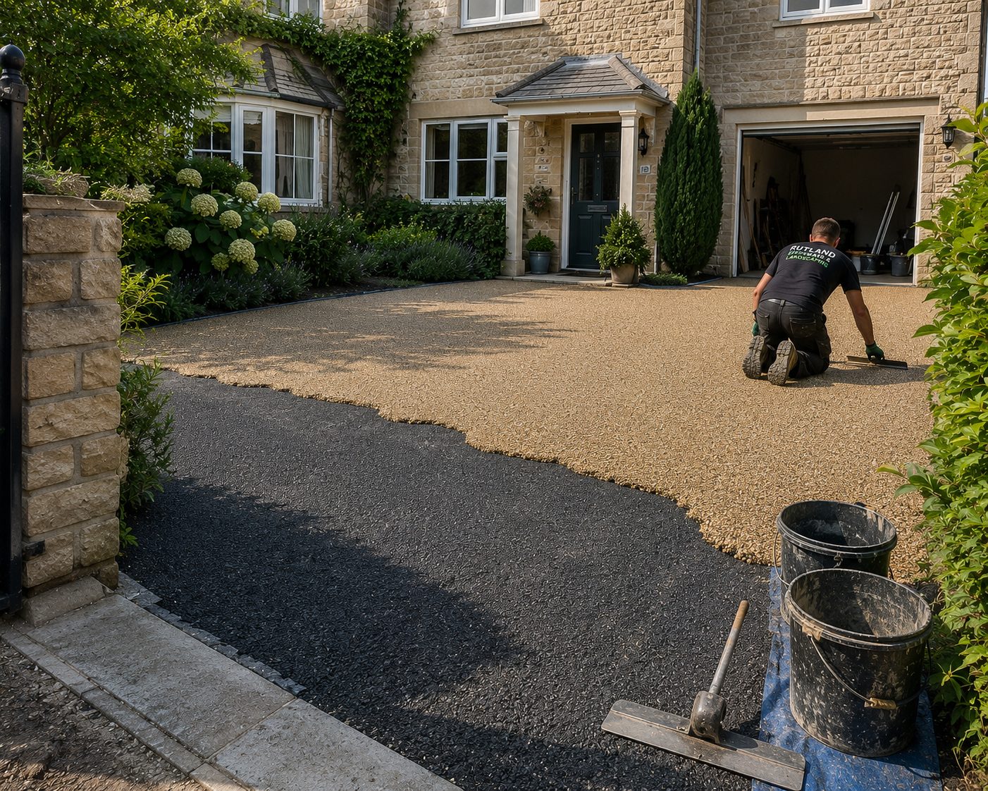 Rutland Driveways and Landscaping installer laying golden resin beside tarmac at a stone cottage