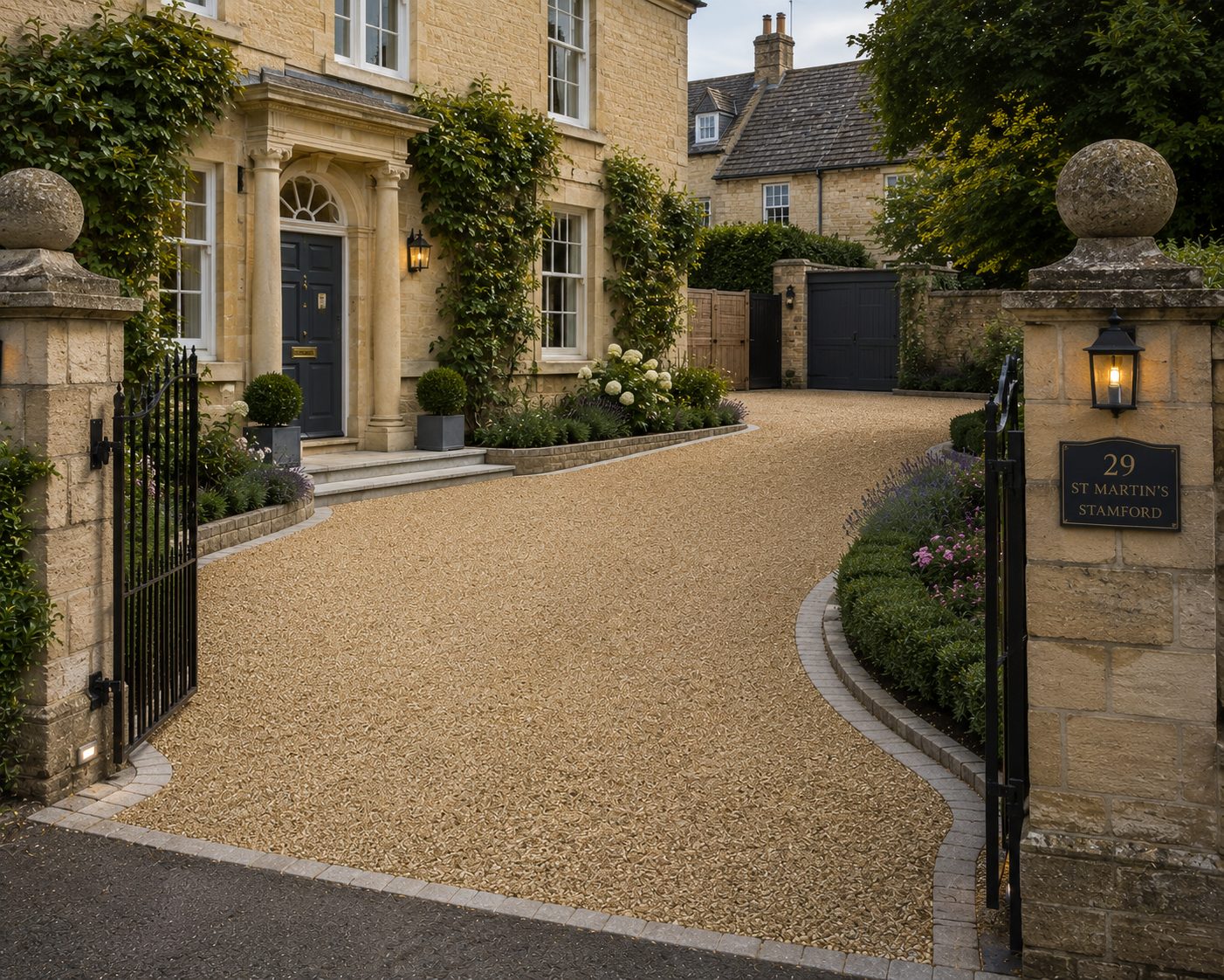 Golden resin bound driveway with curved border at a stone village house in Rutland