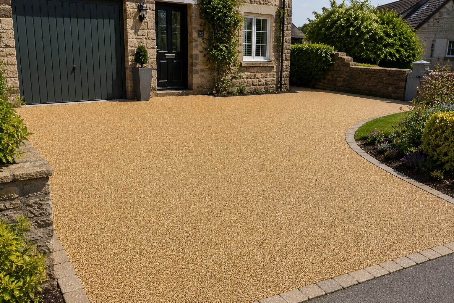 Golden resin bound driveway at a stone cottage with green garage door in Rutland